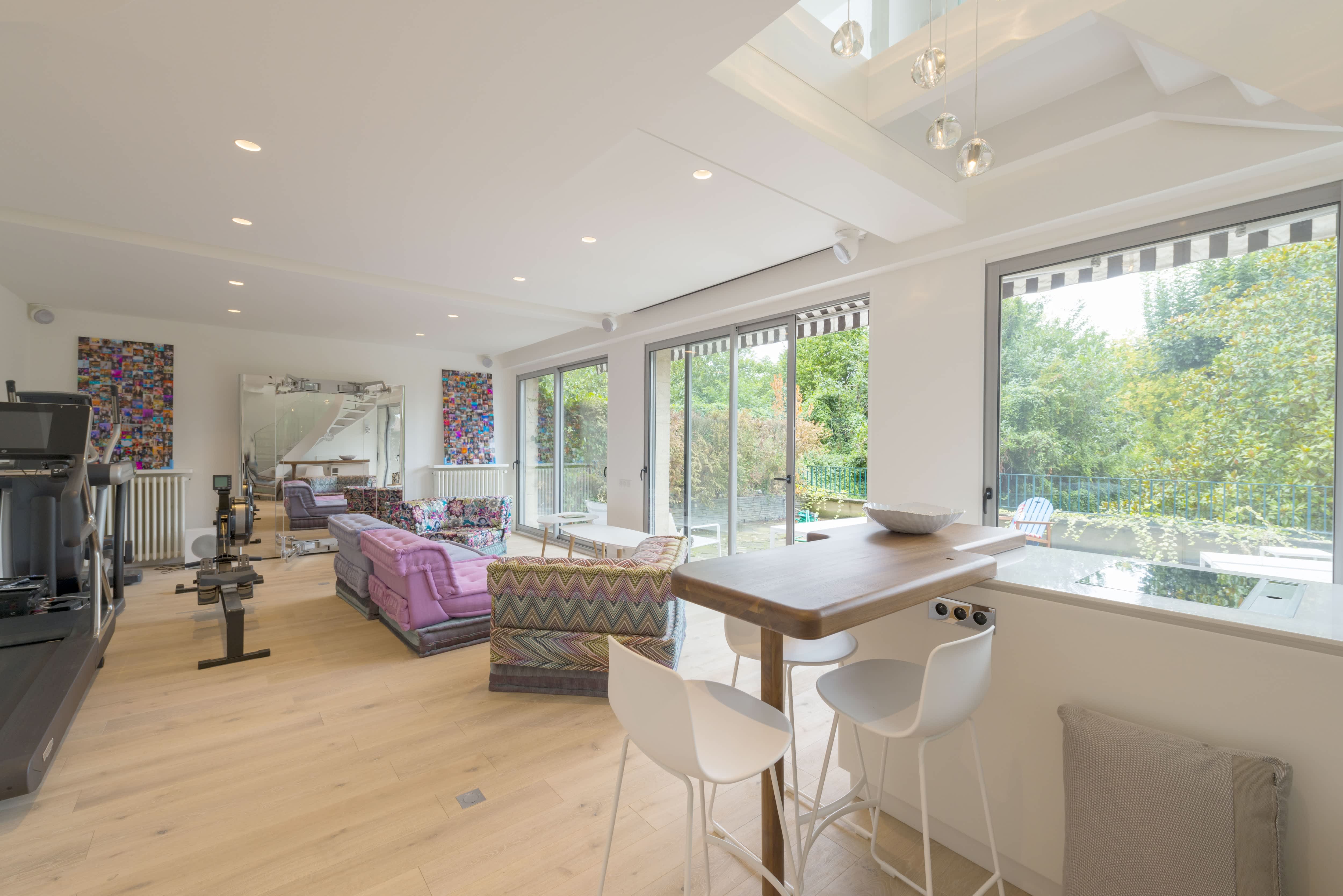 High-top dining table in studio apartment