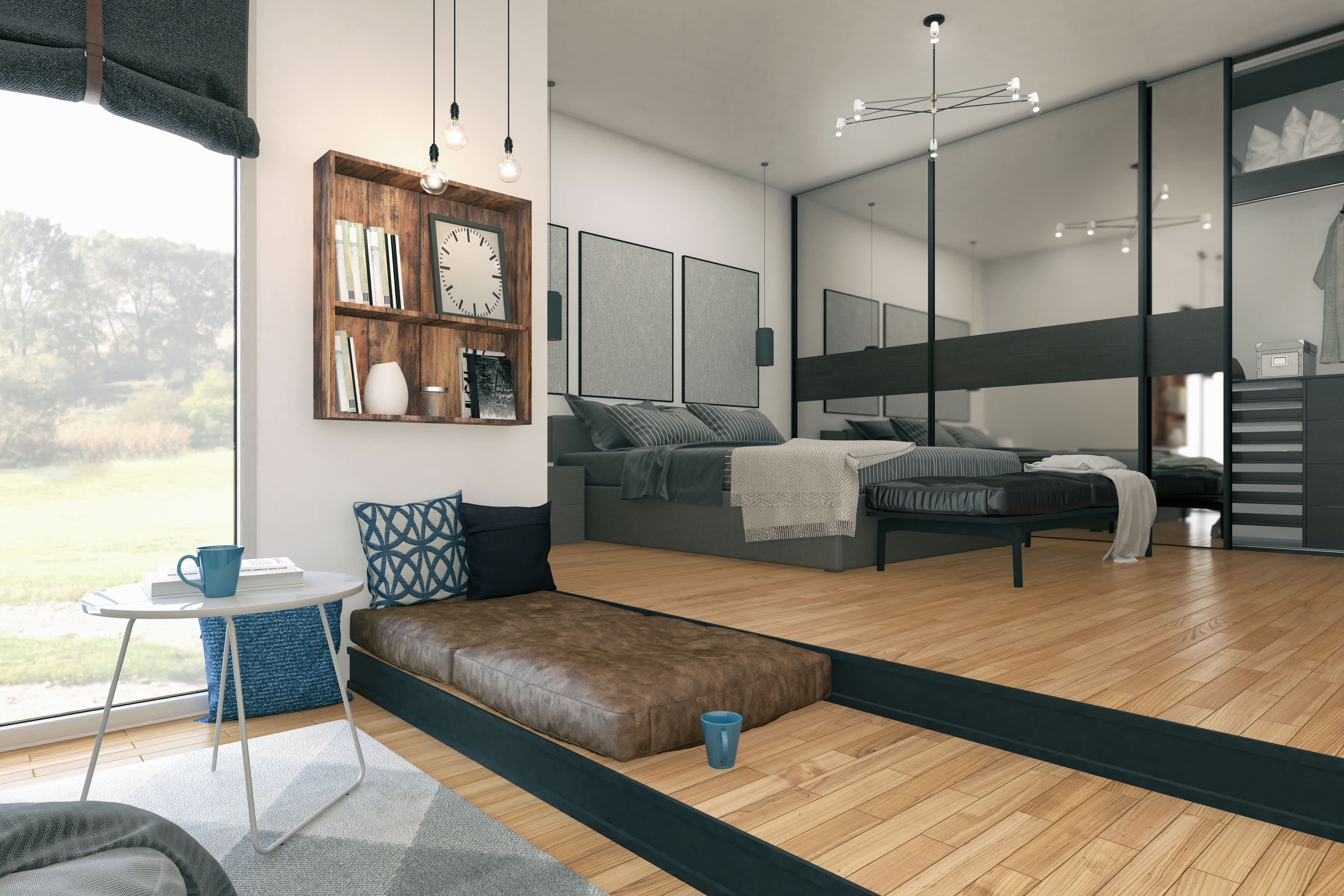 Large mirror hung in studio apartment