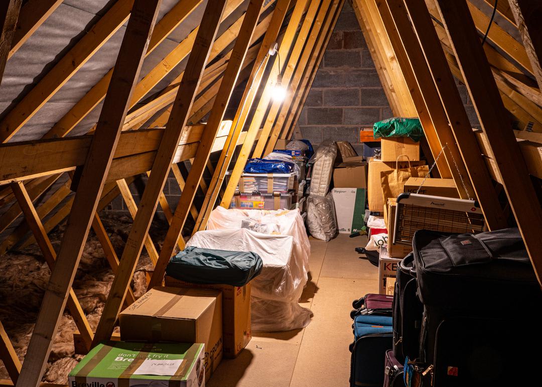 An attic filled with storage boxes