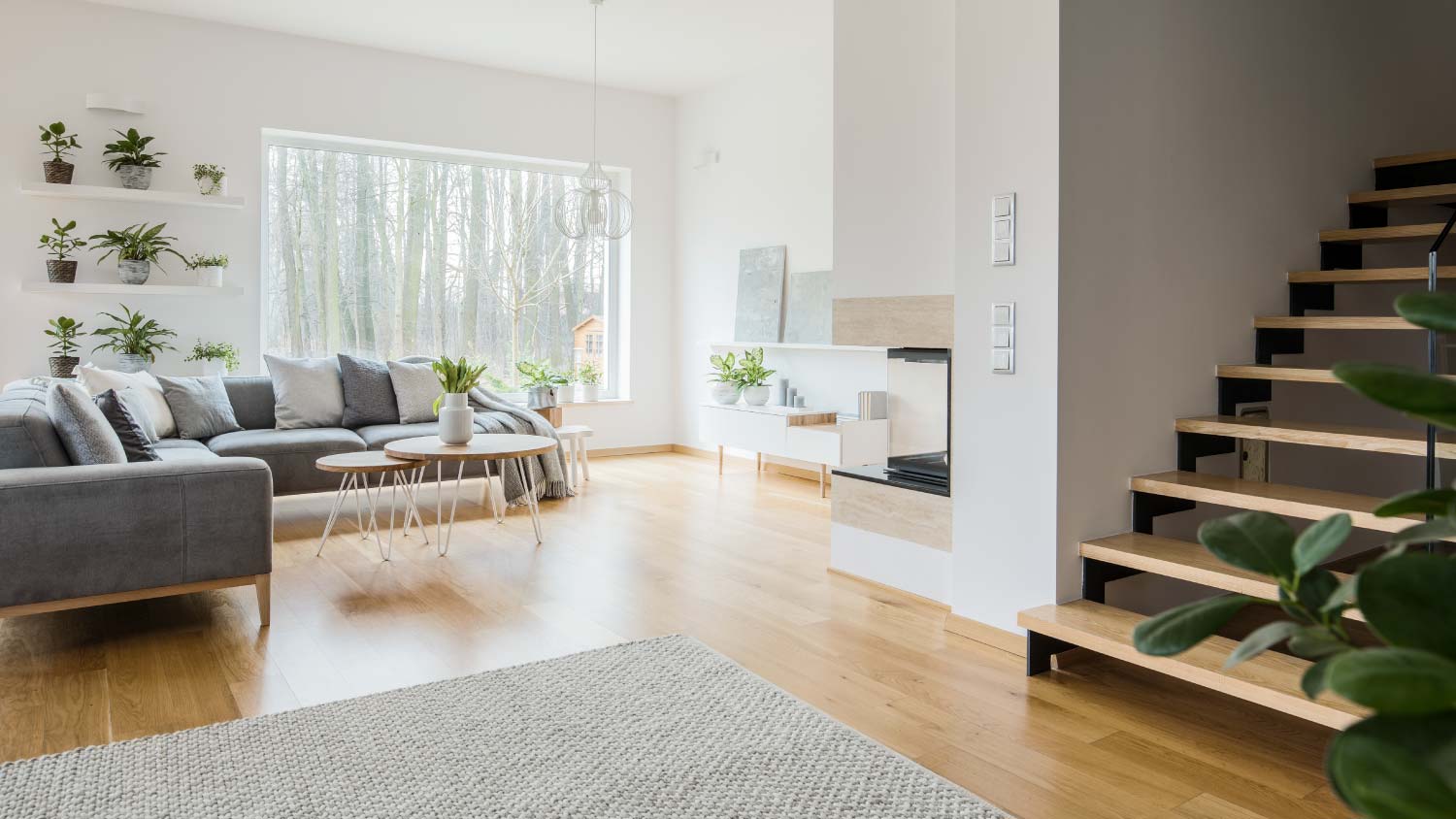 bright living room with gray sectional