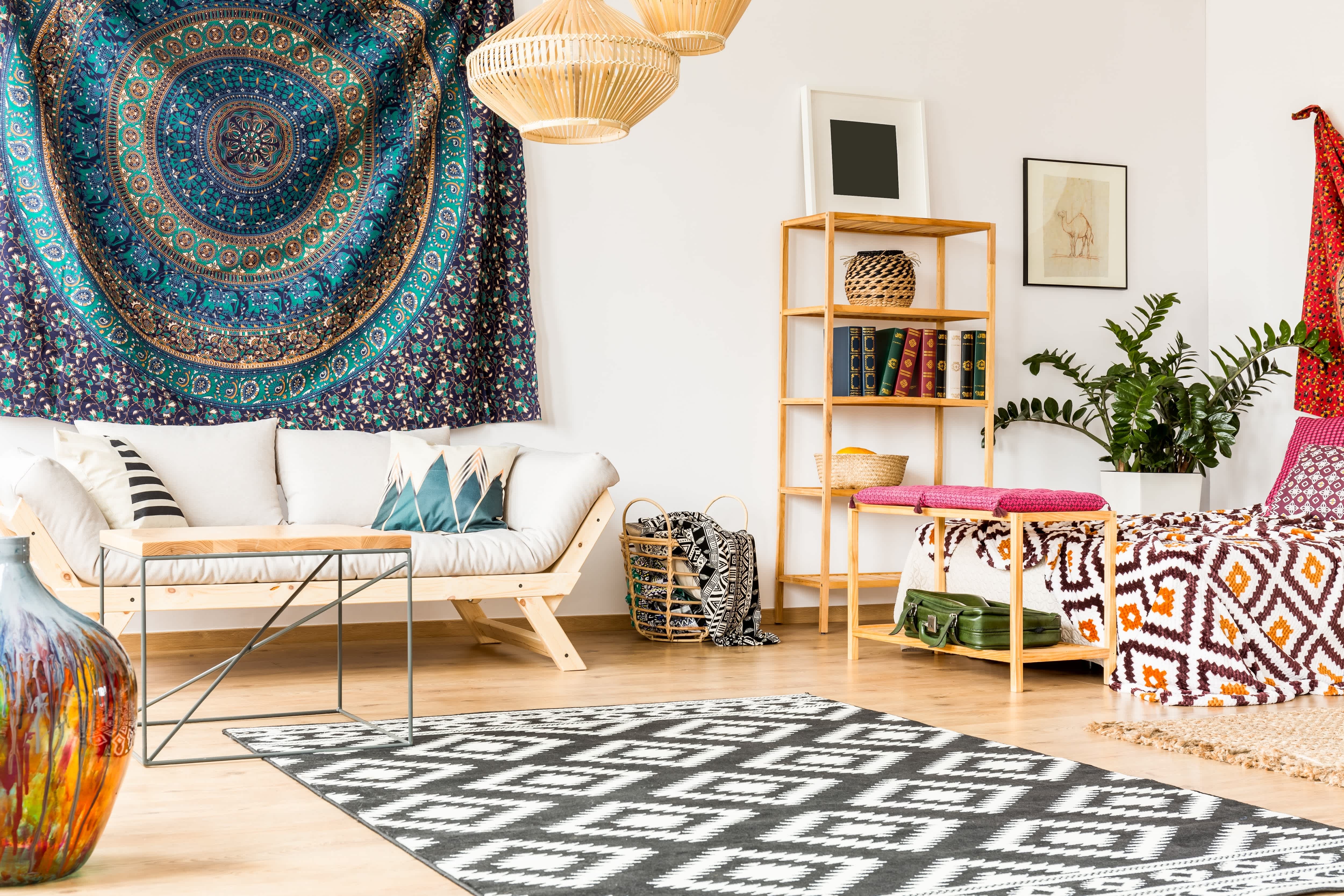 Tapestry hanging in studio apartment