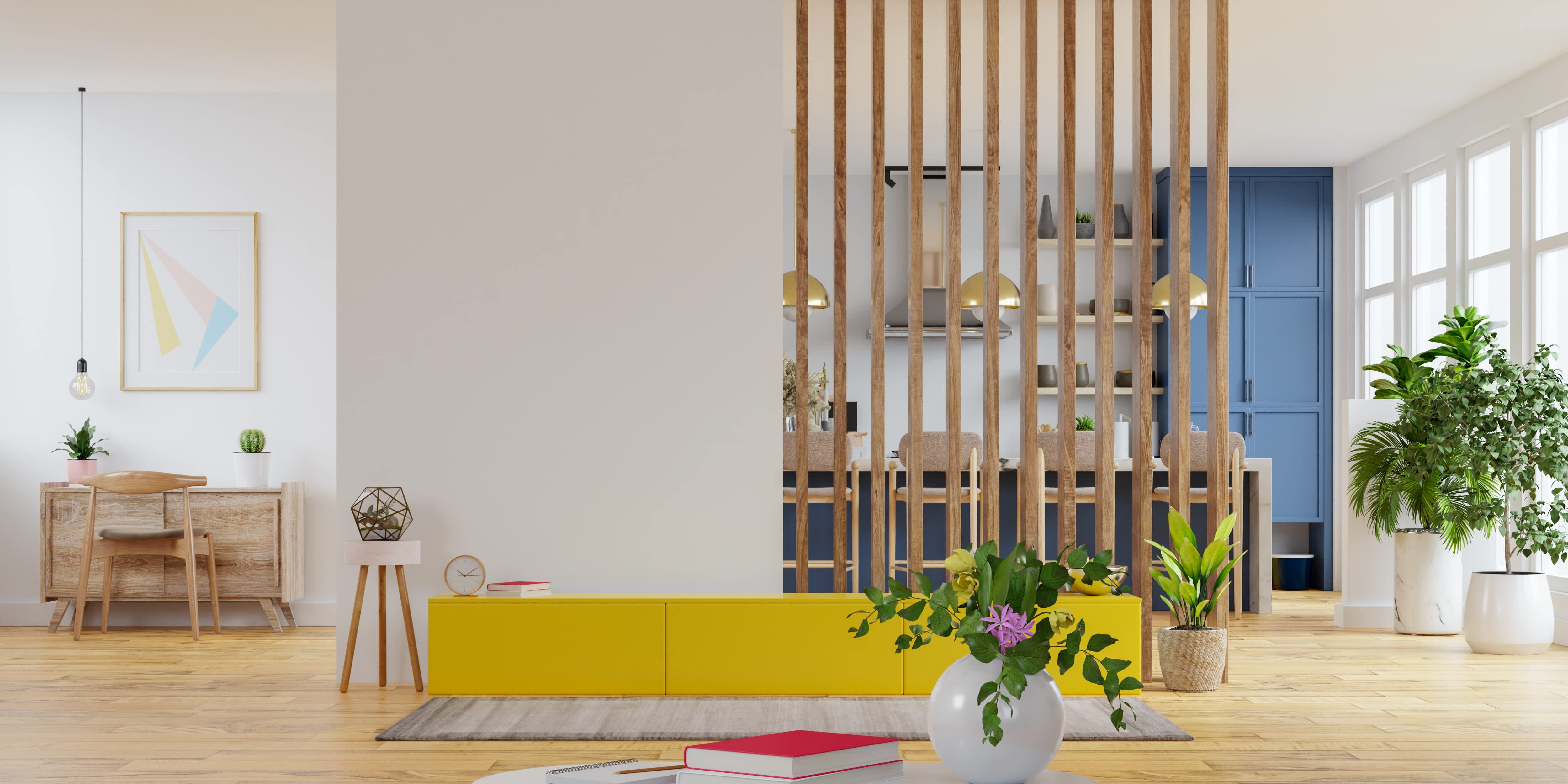 Vertical wood slats separating open-concept layout