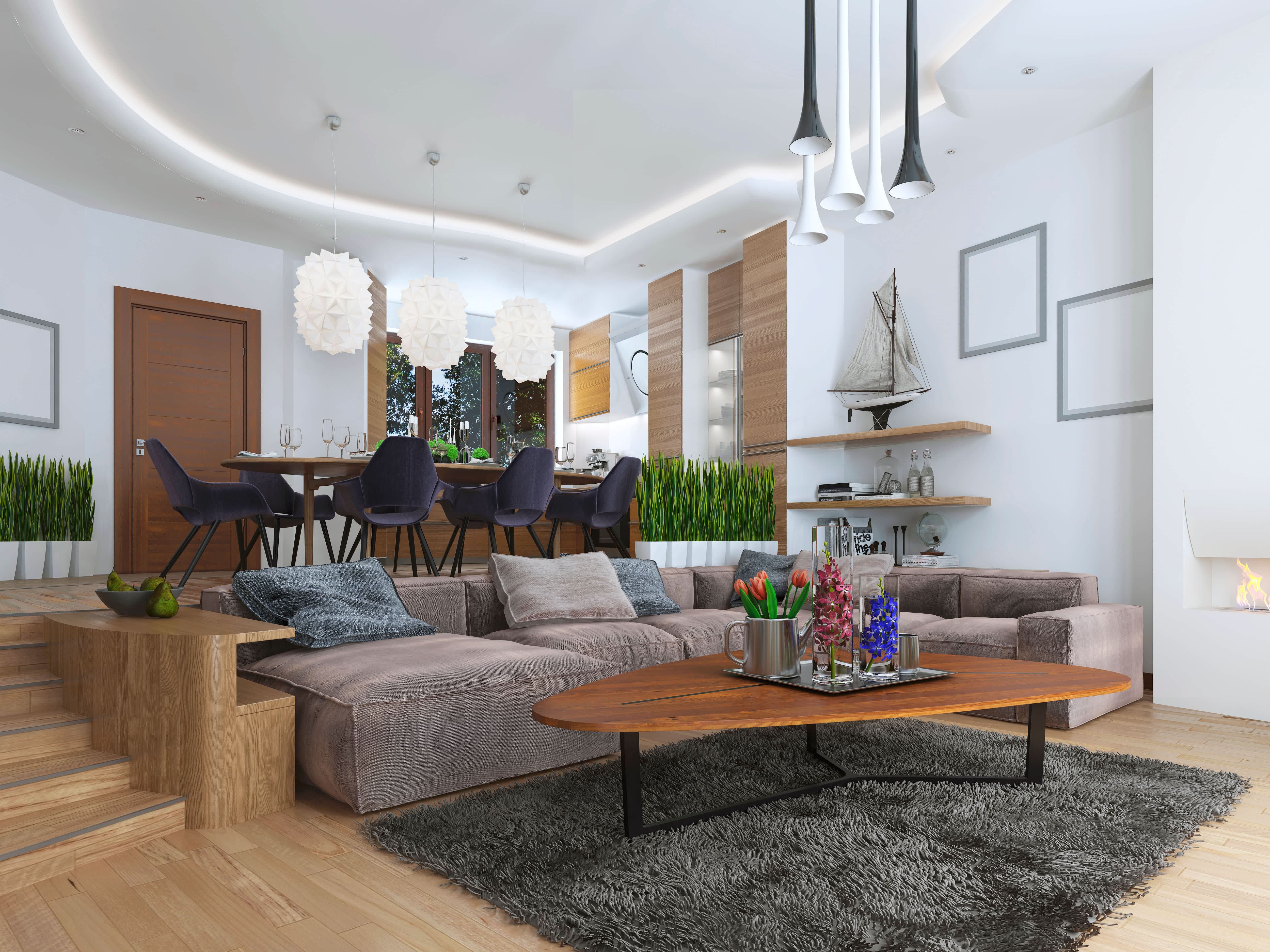 Modern open-concept layout apartment with planters