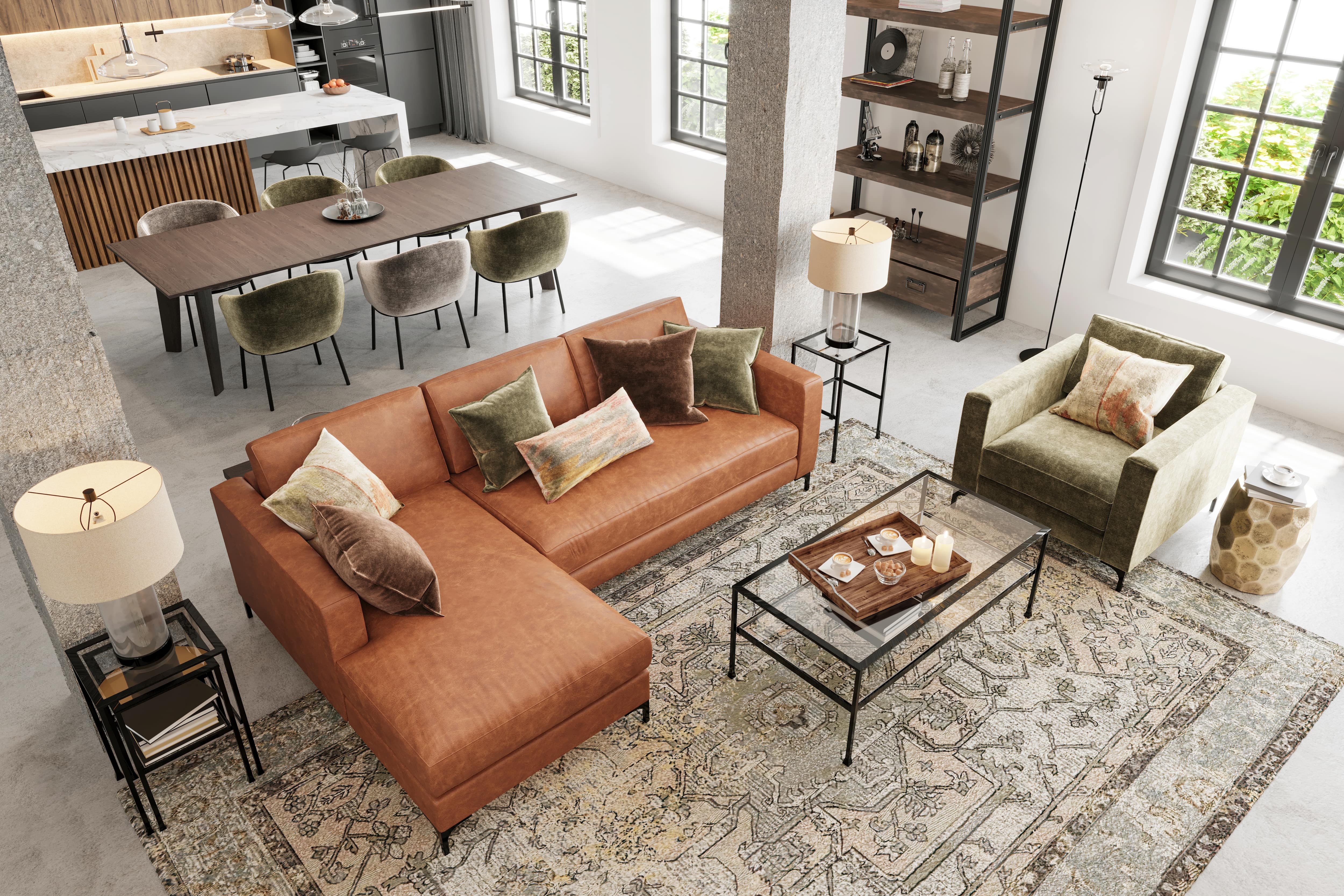 Earth tone furniture in open-concept studio apartment