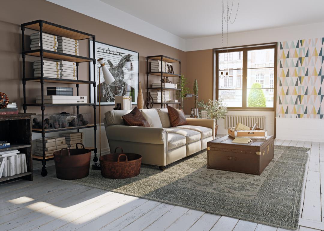 Modern living room with two large bookcases