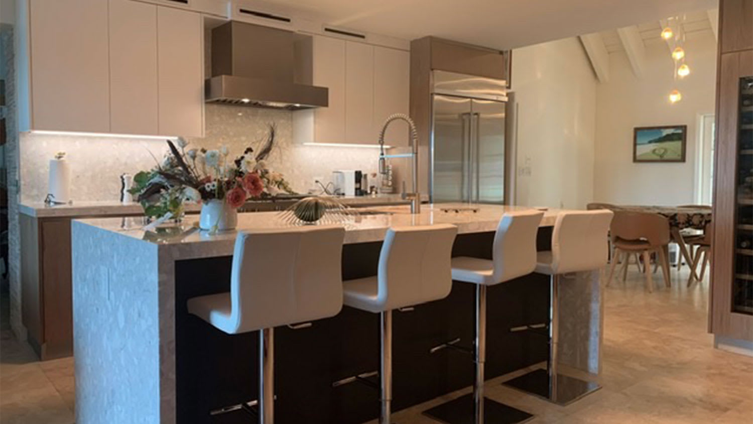 A stone kitchen island