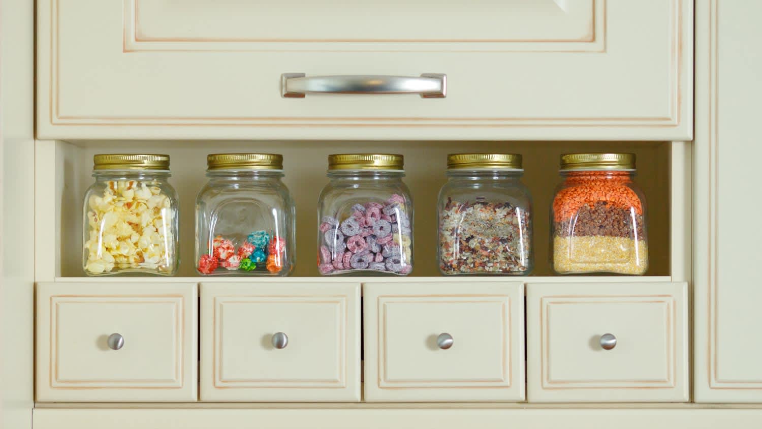 Some glass transparent jars for storing bulk products