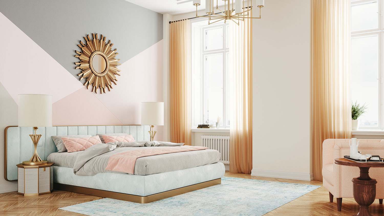 pink and gold art deco bedroom