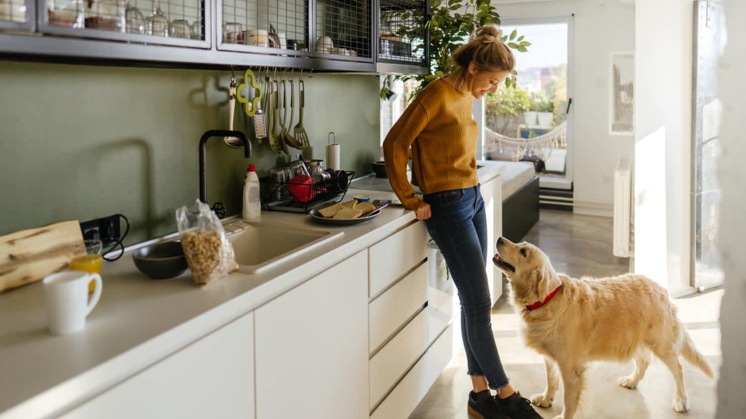 A woman and her dog in a kitchen at the morning
