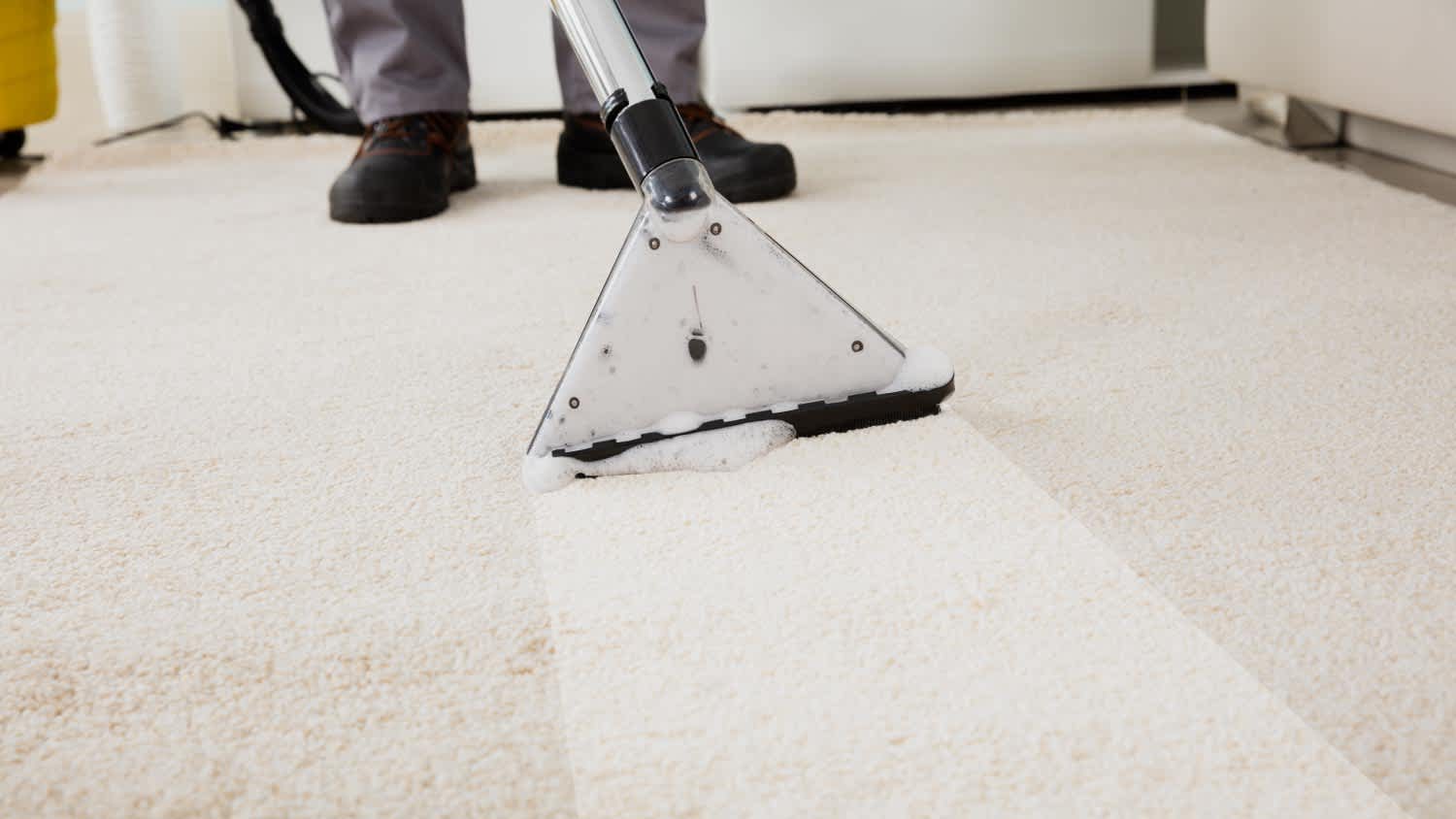Person cleaning carpet with vacuum cleaner