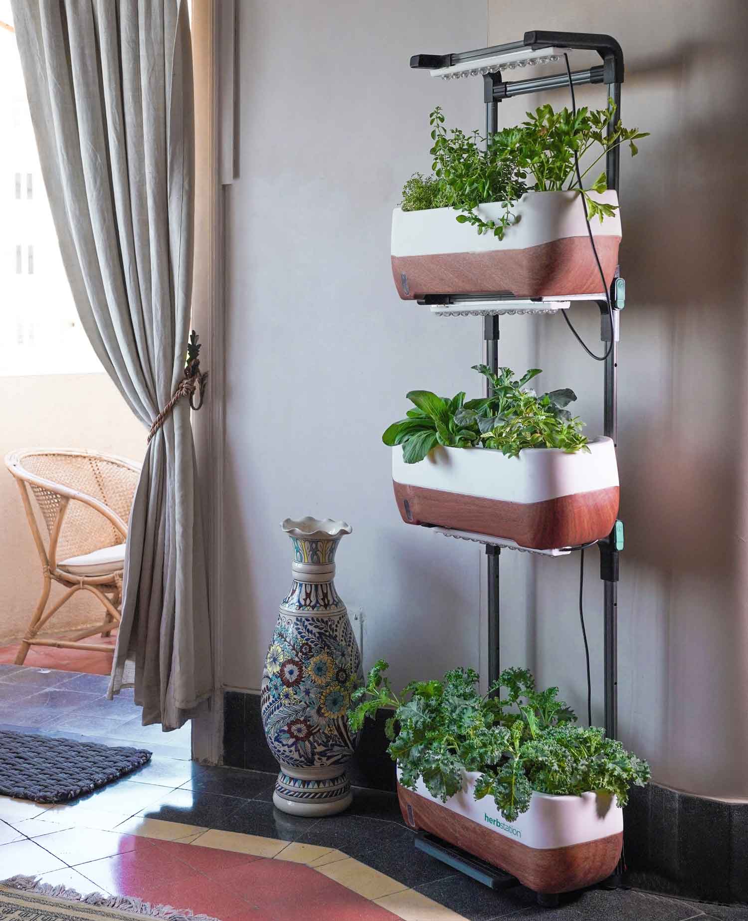 Indoor area with stacked herb garden kit