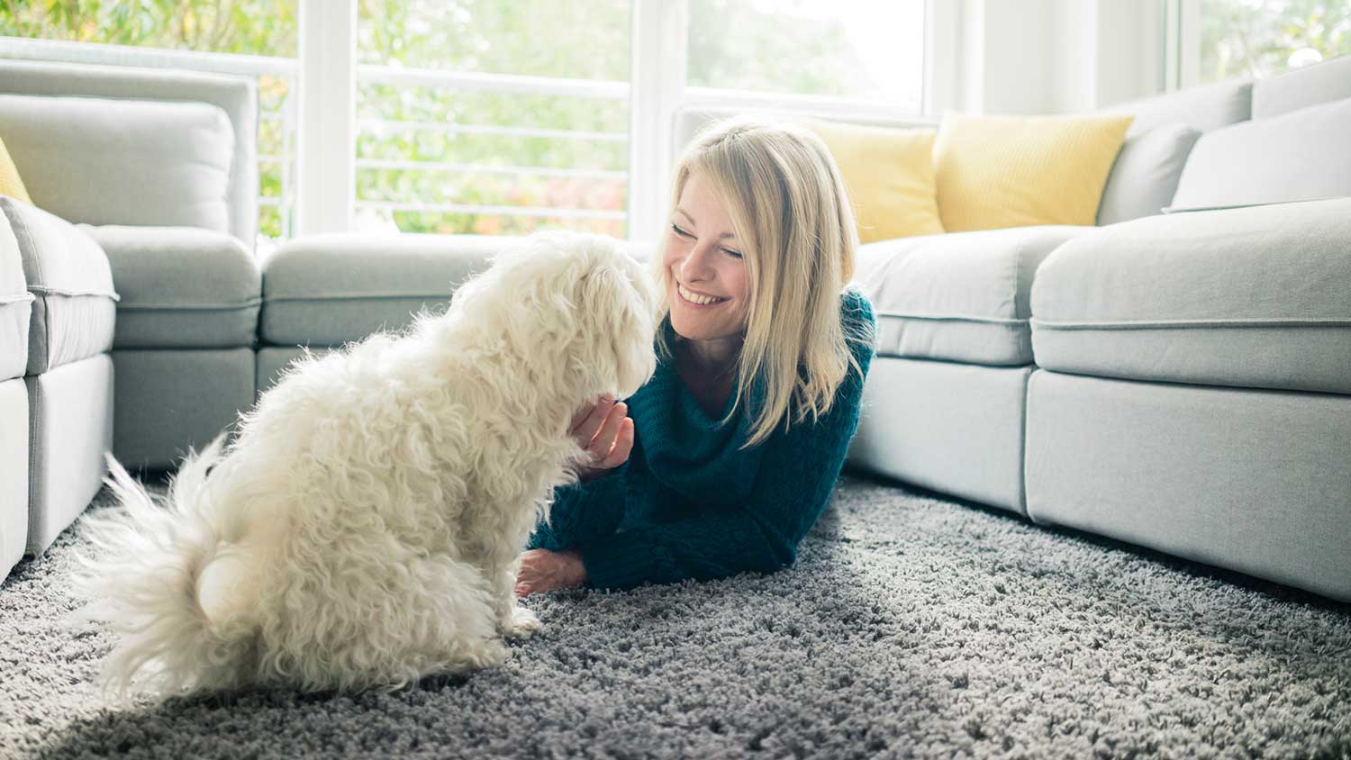 woman sitting on the carpet playing with her dog