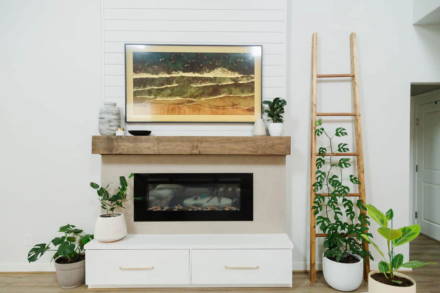 Indoor living area with potted plants and trellis