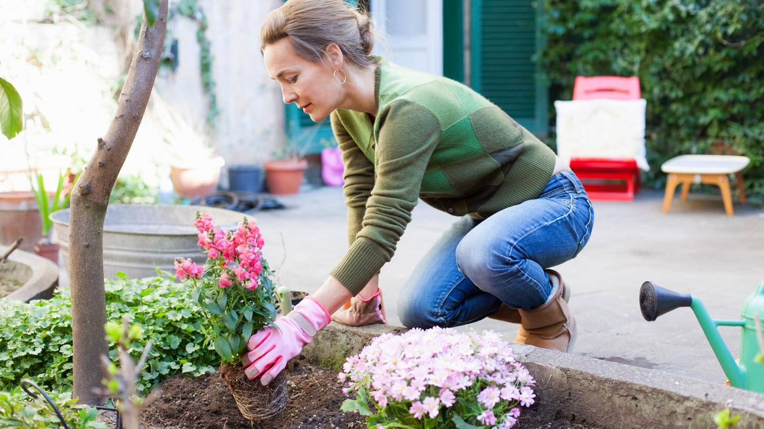 A woman planting flowers in the yard