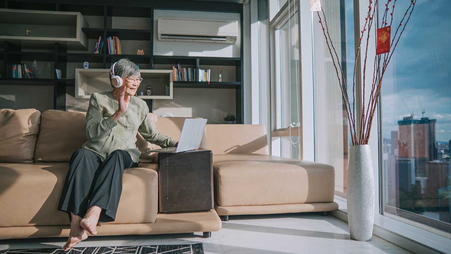 Grandma on a video call with her family