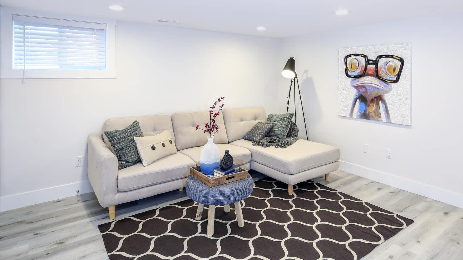 A cozy family room in a basement