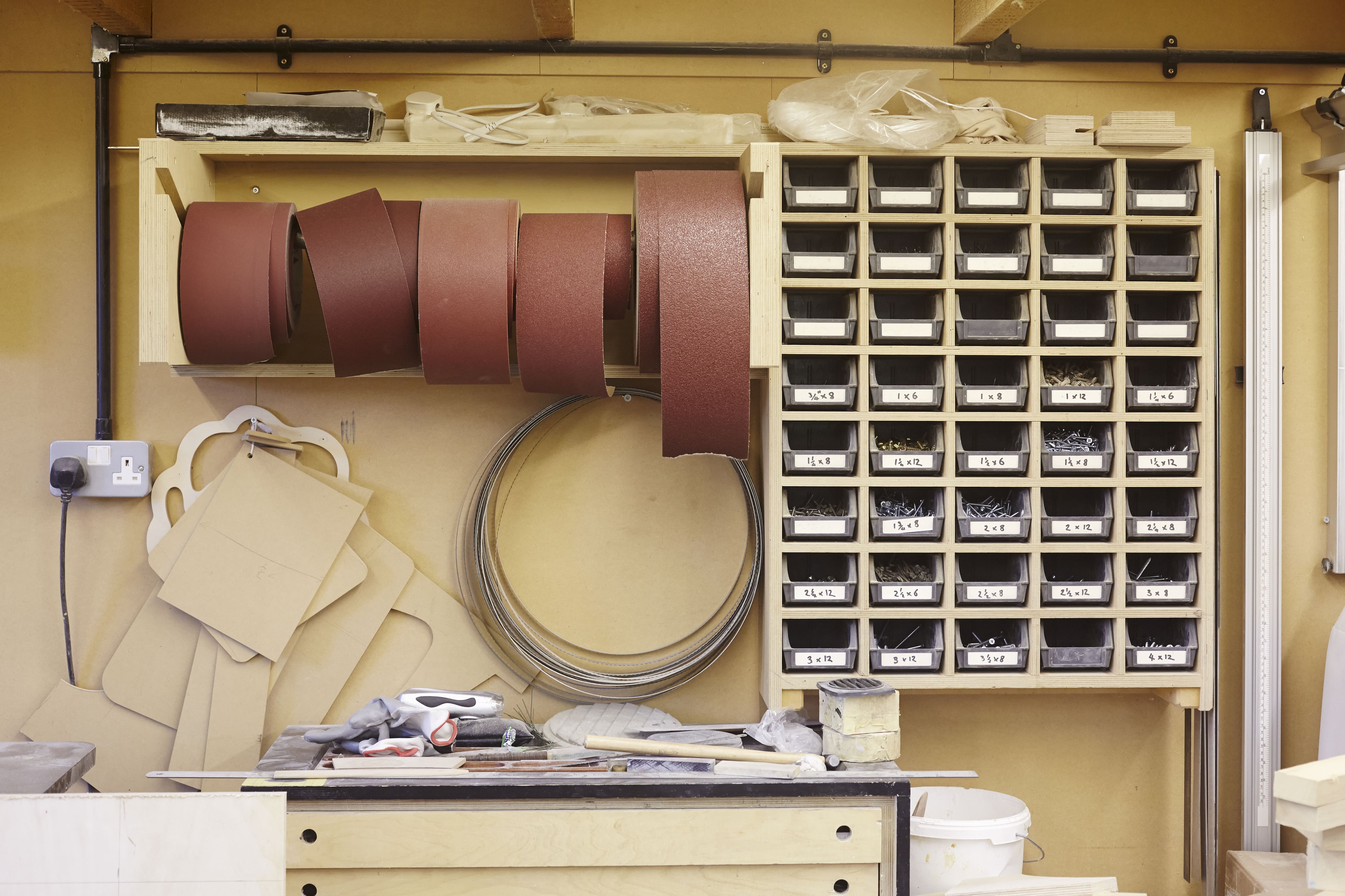 Different rolls of sandpaper in workshop