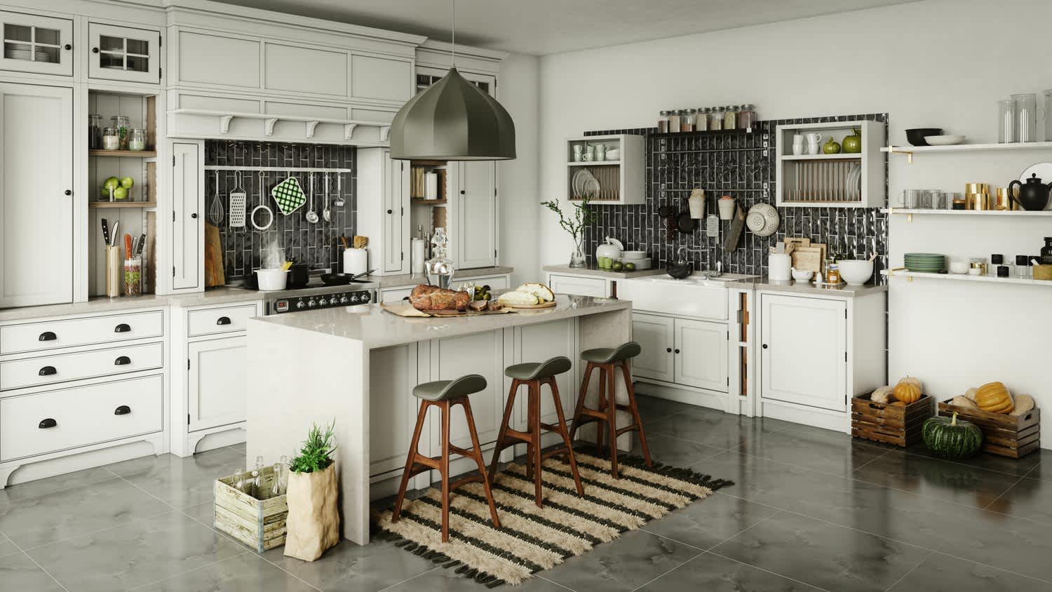 A kitchen island in a kitchen with rustic elements