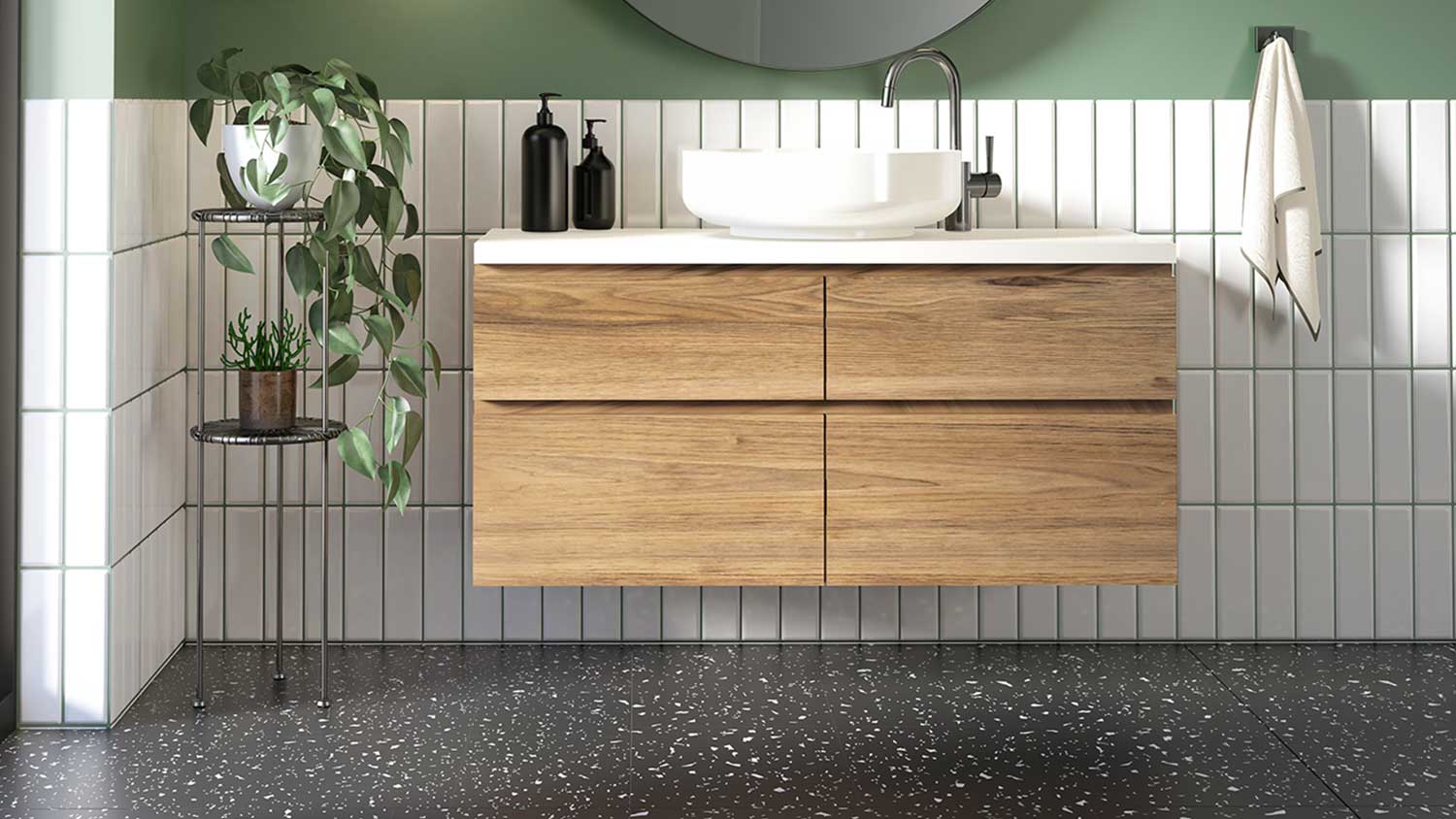 Bathroom with black terrazzo floor