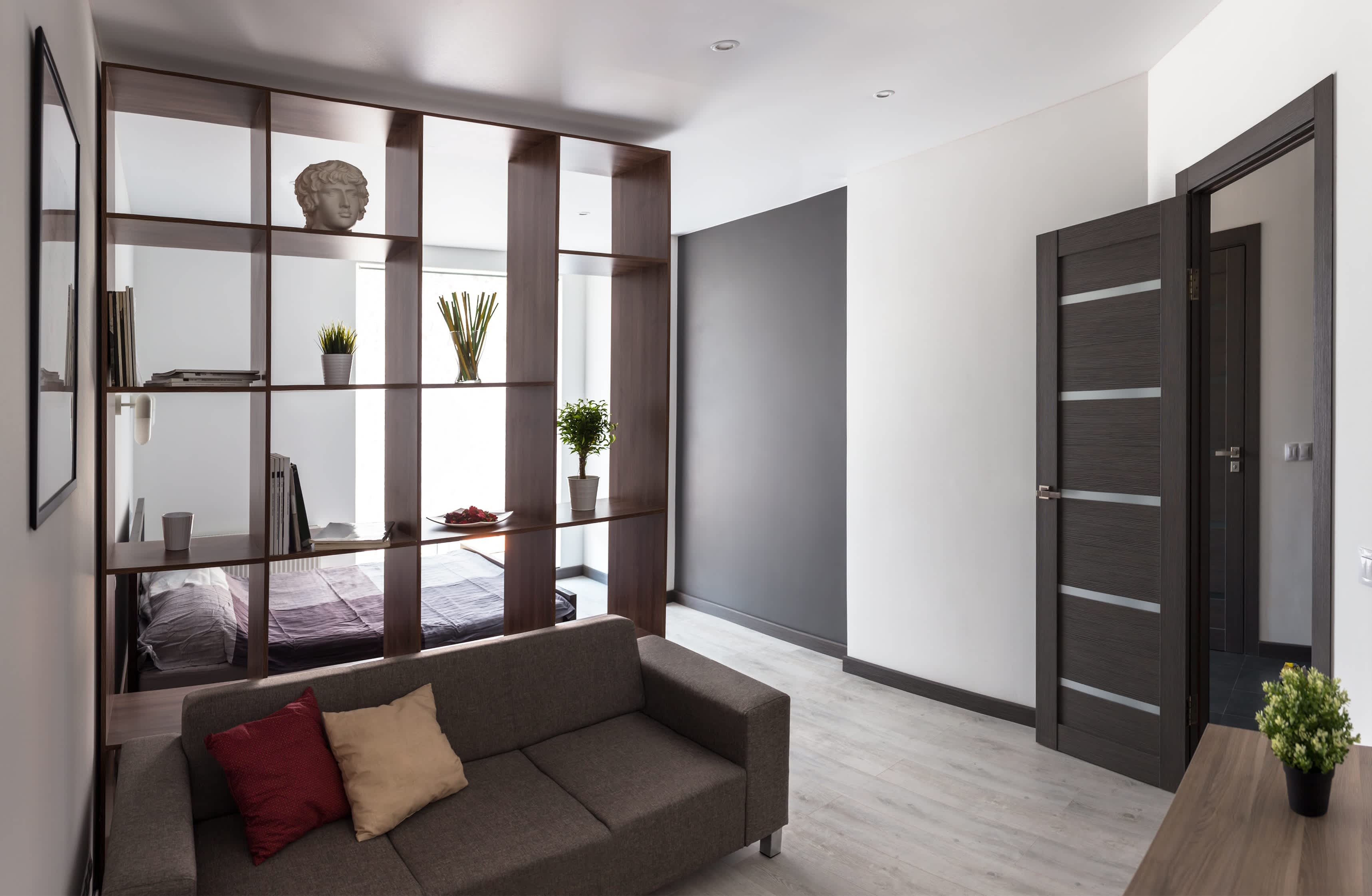 Rack room divider in open-concept apartment