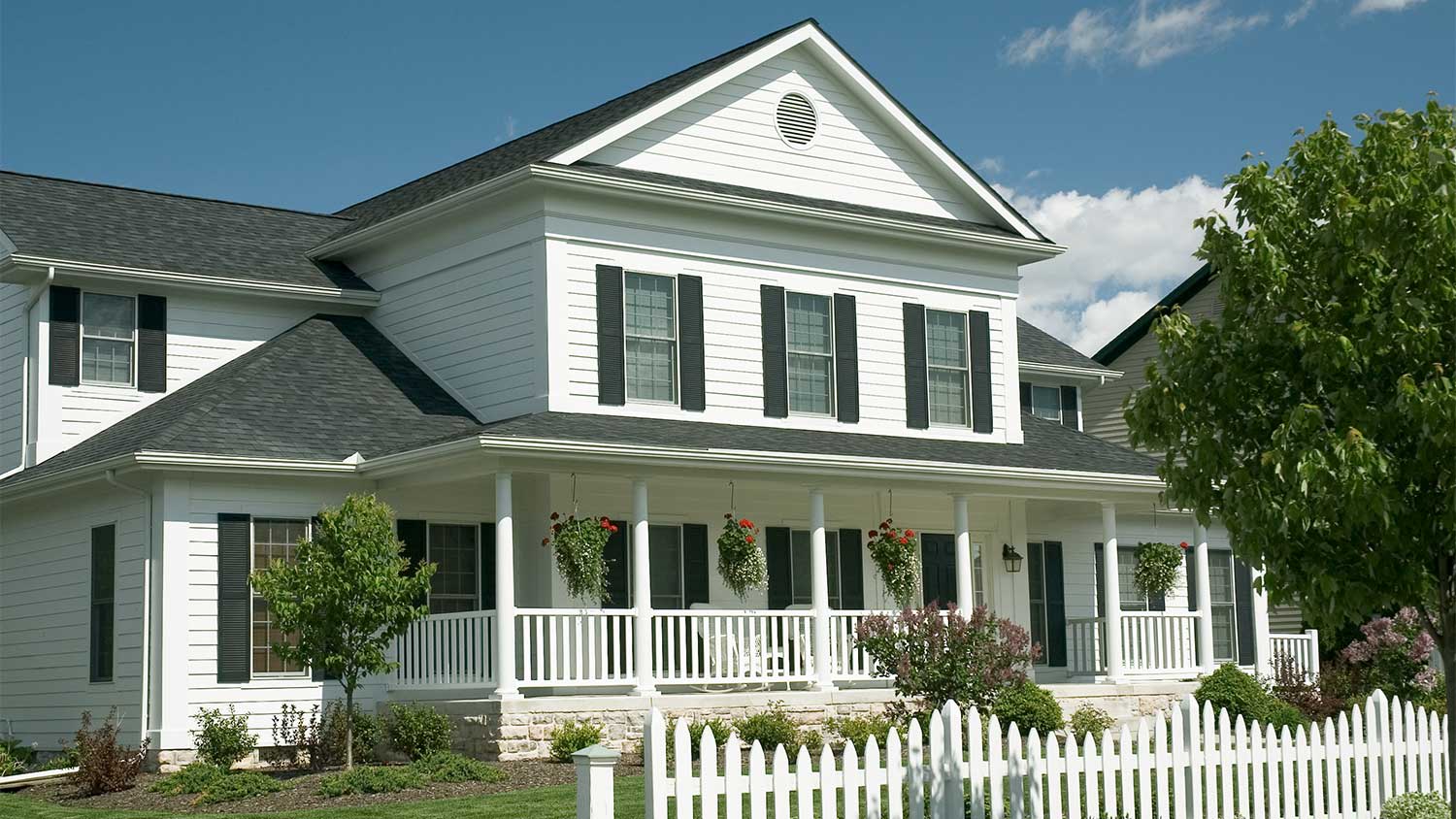 Two story suburban house exterior with porch