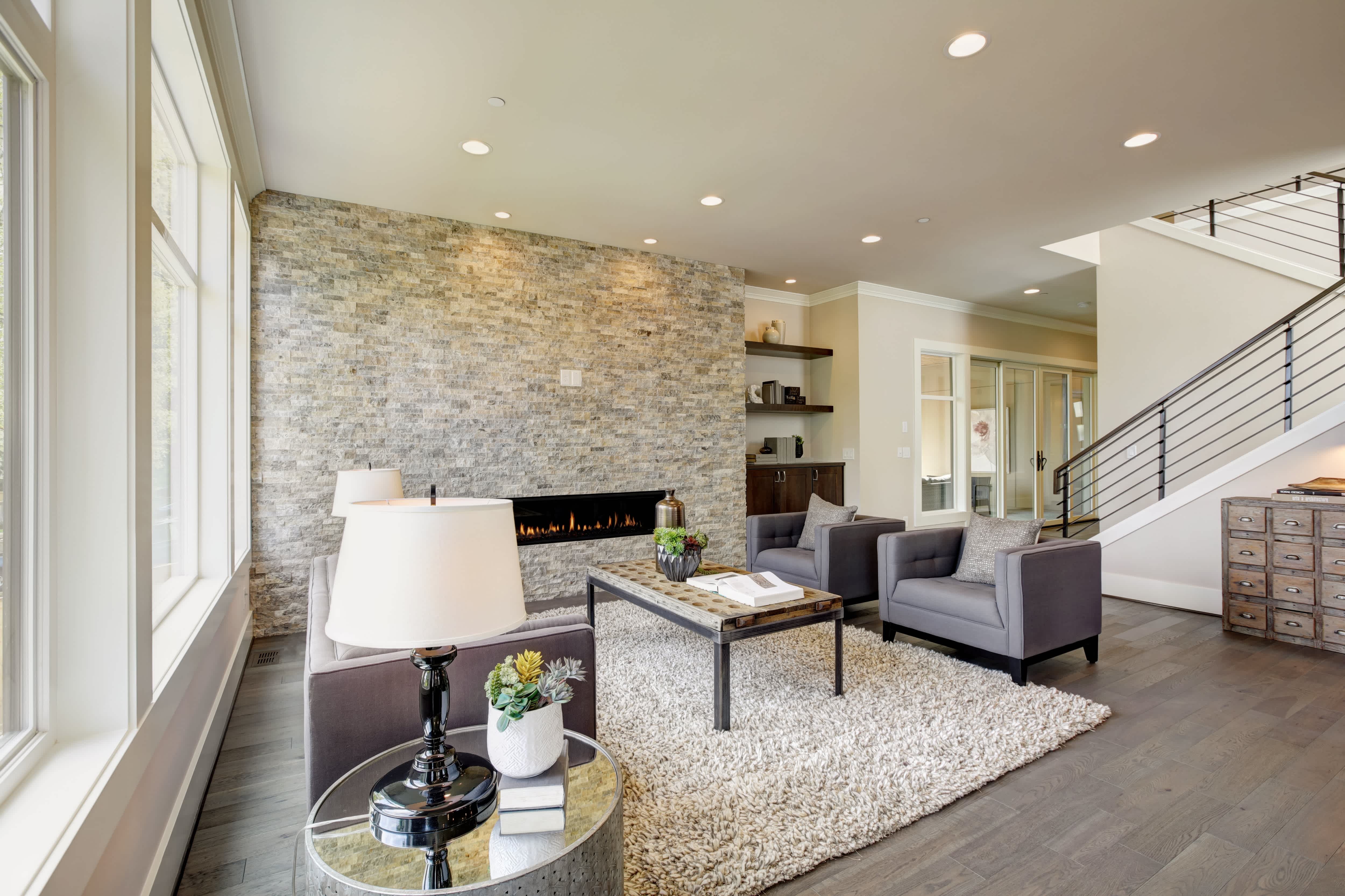 Stone accent wall in living room