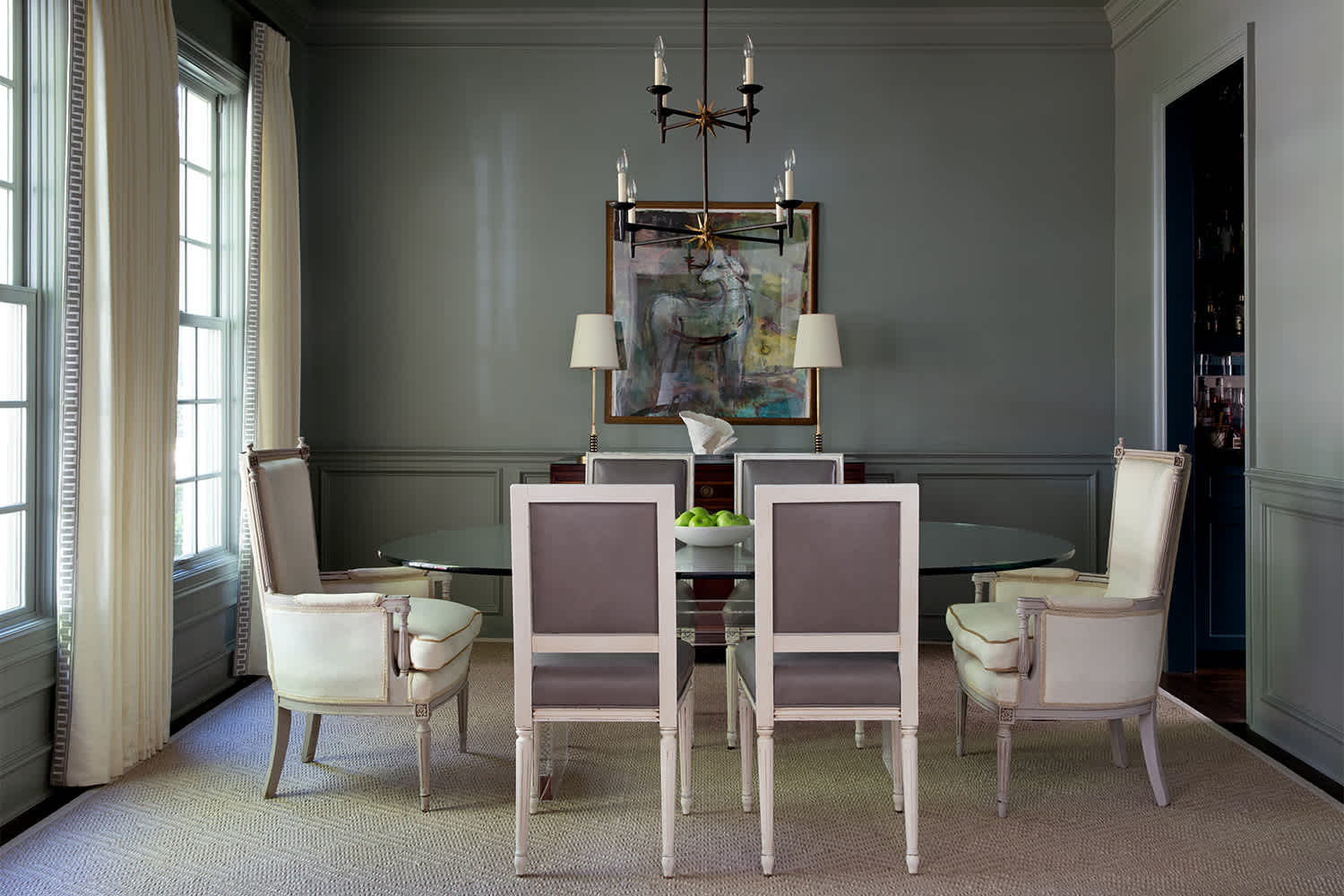 bright dining room with pewter walls