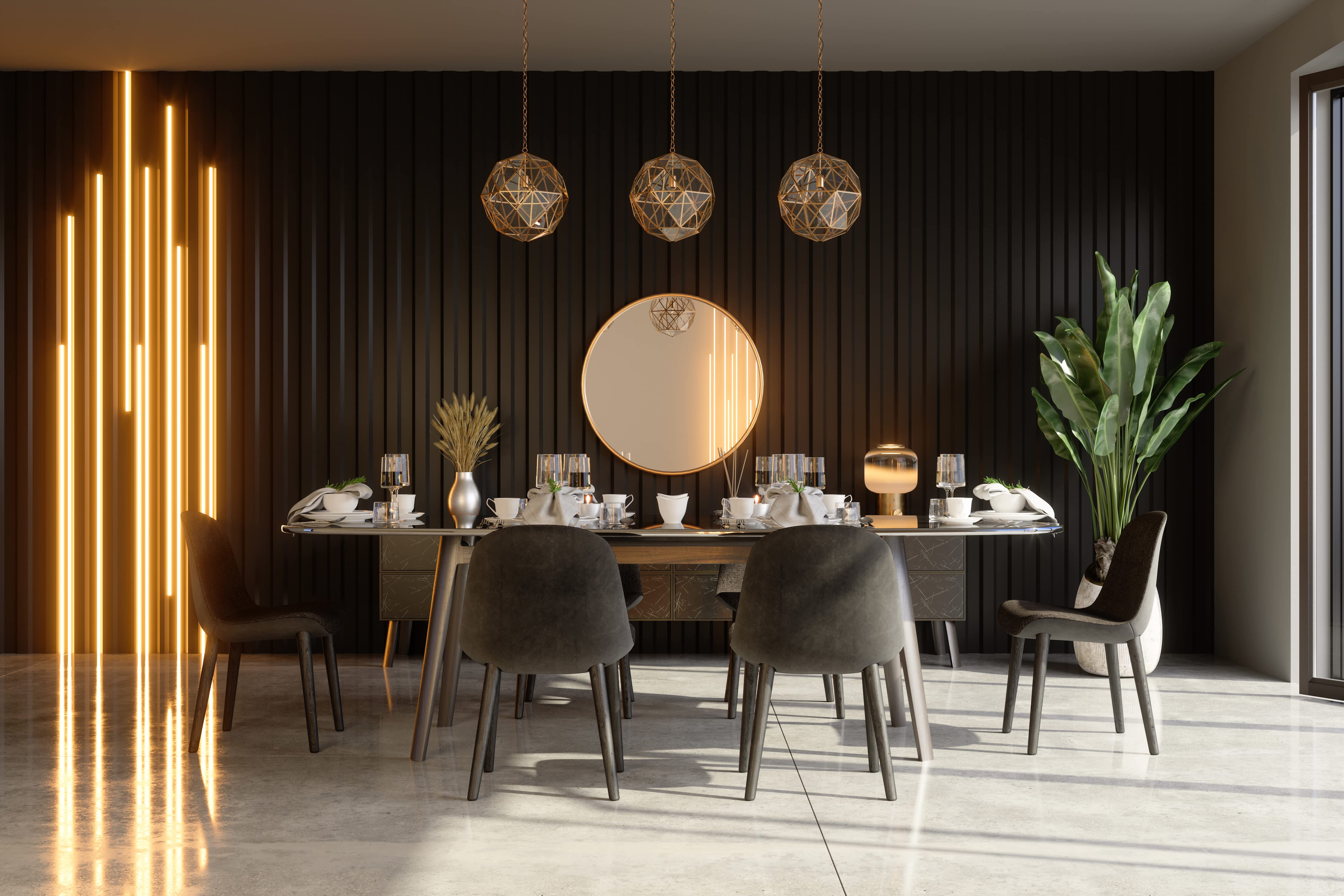 Black geometric patterned accent wall modern dining room