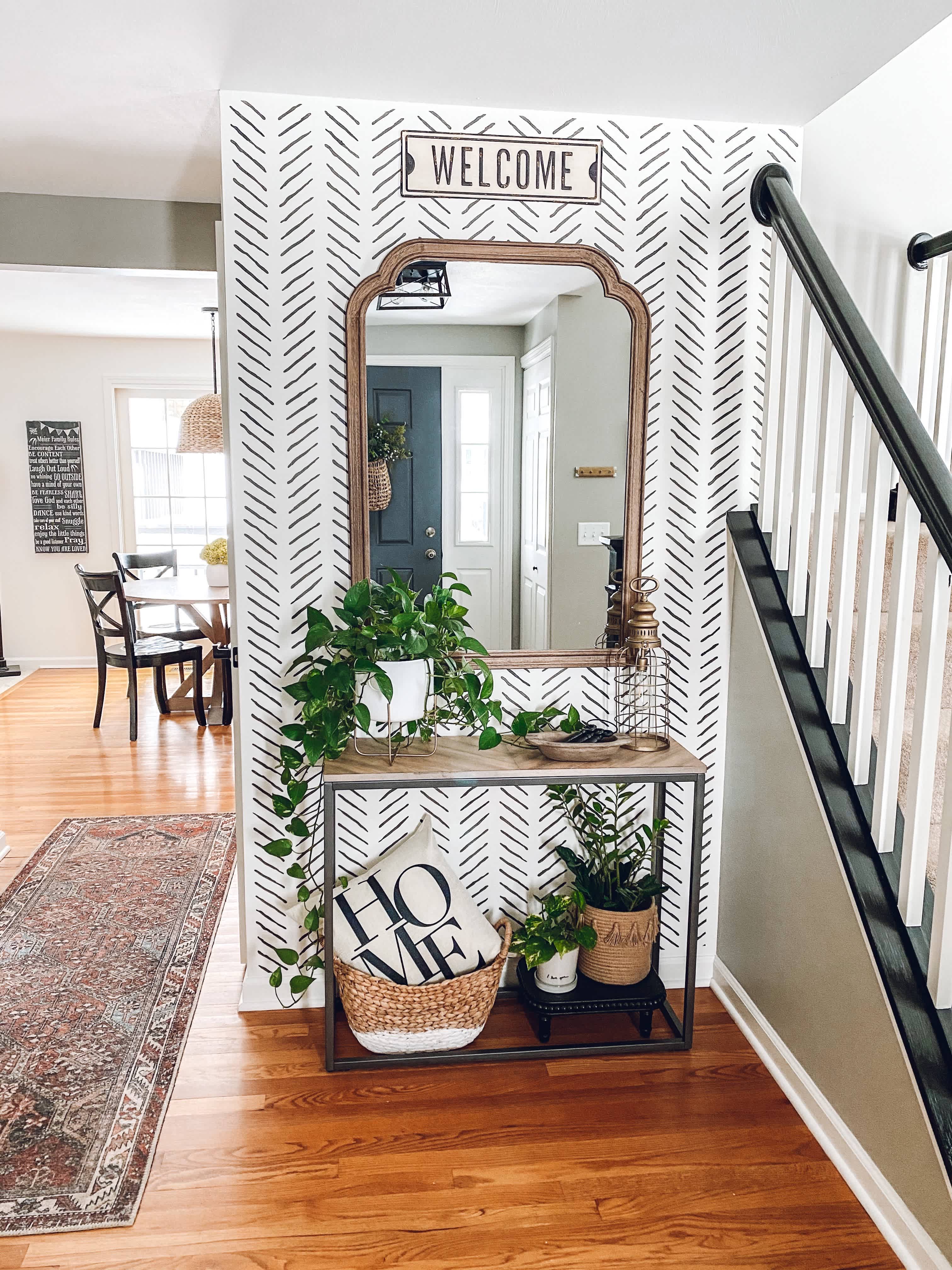 stencil accent wall in entry way