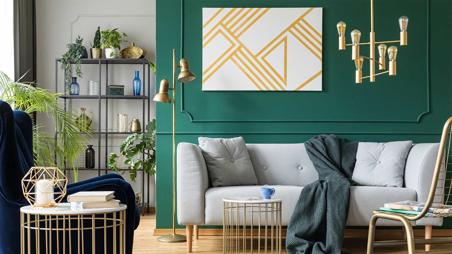 gold, grey, and green living room decor