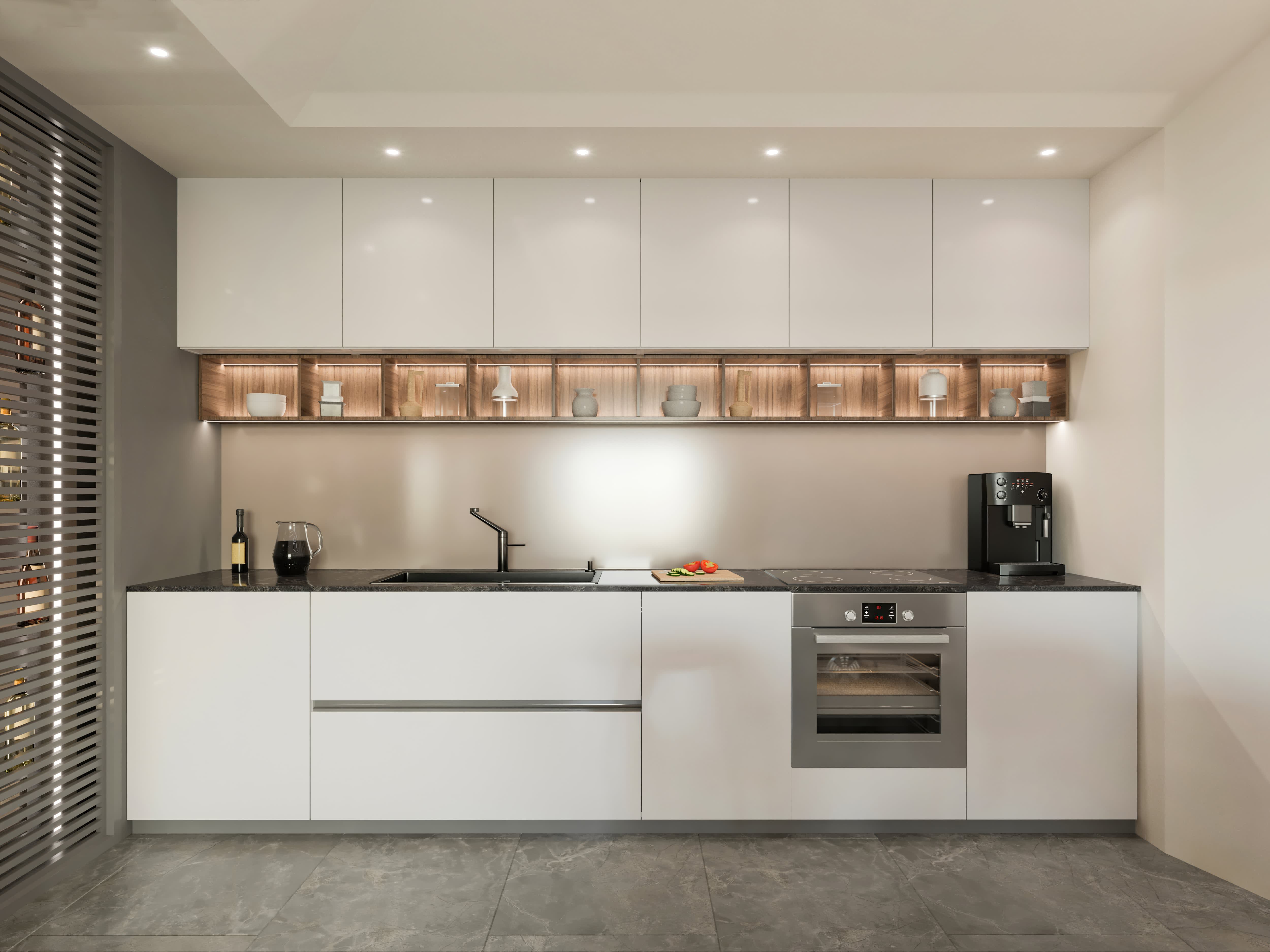 Illuminated shelving in large modern kitchen