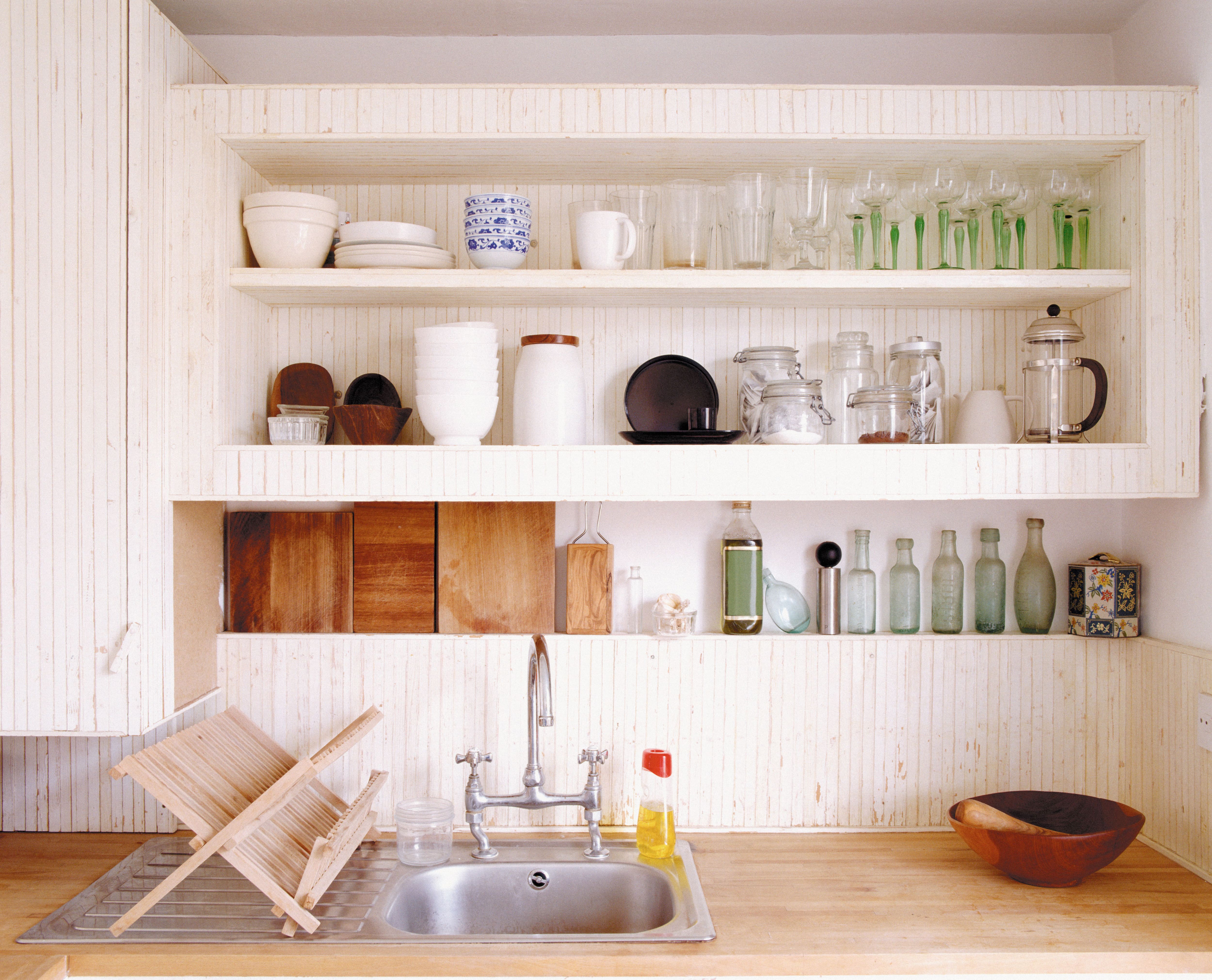 White kitchen with open shelving