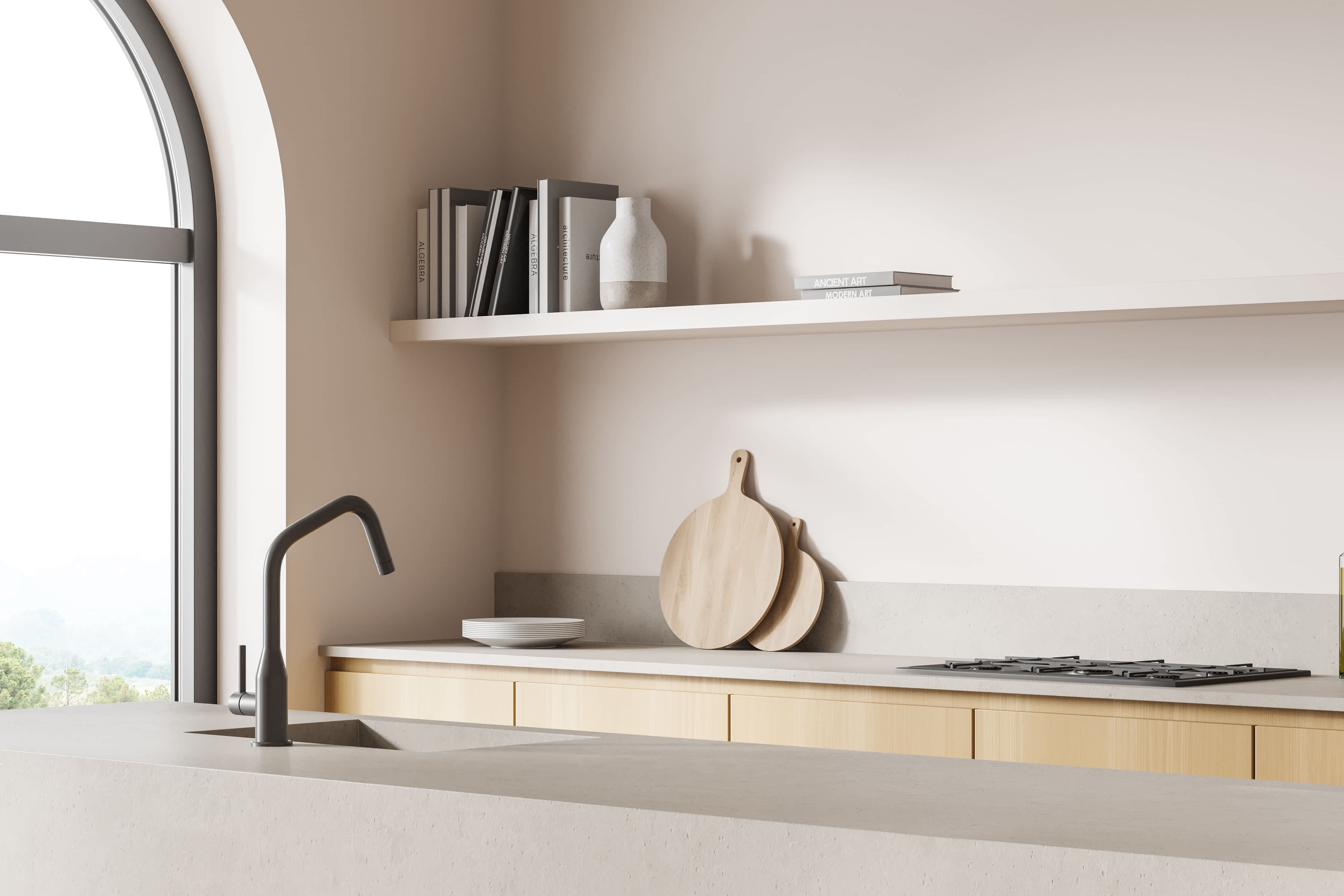 Minimalist kitchen design with large open shelf