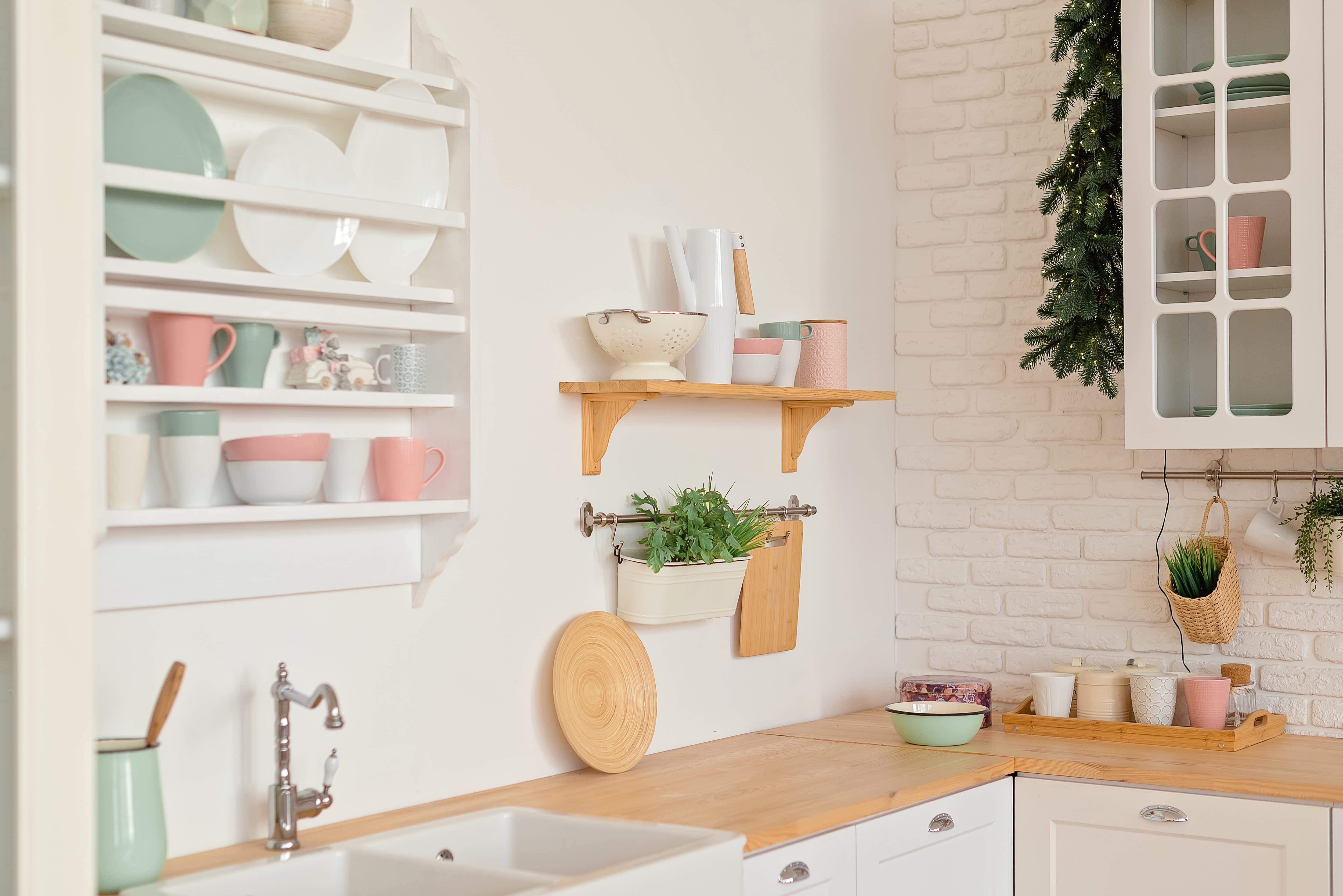 Modern kitchen with white open shelving unit