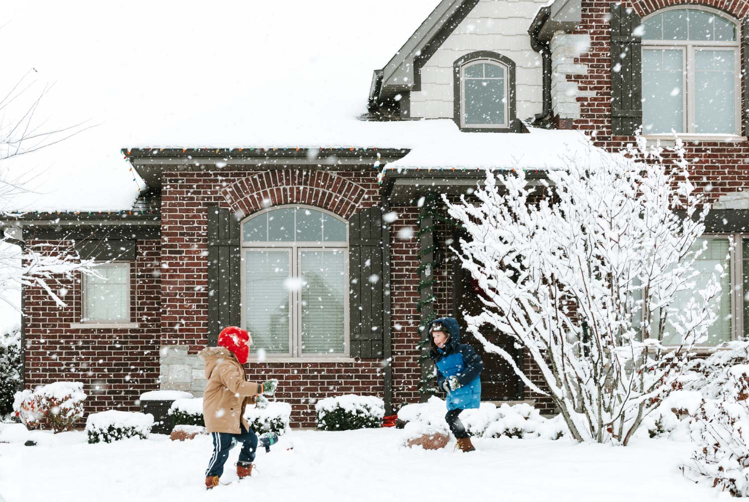 Brothers playing with snow in the yard