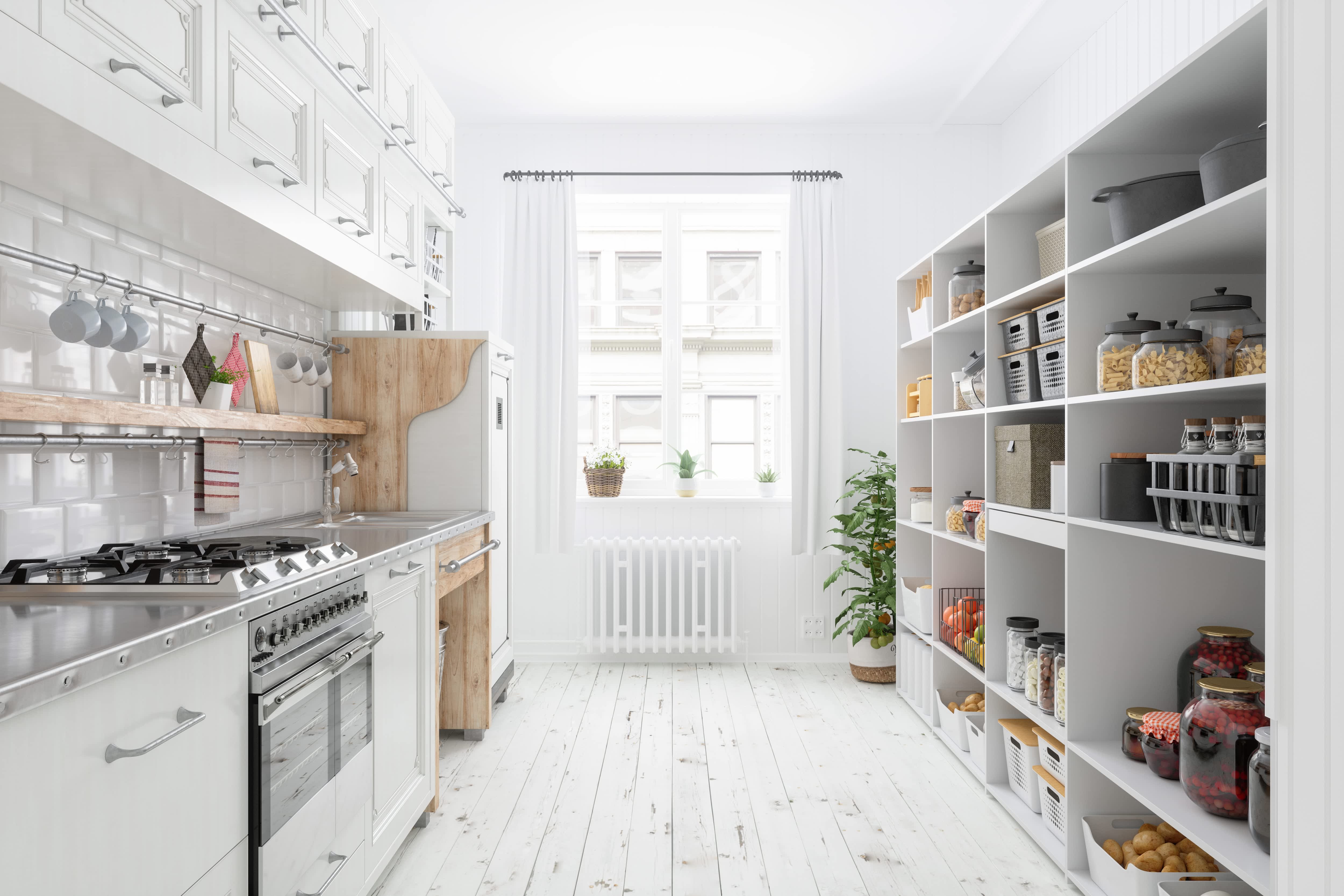 Large kitchen with open shelving pantry