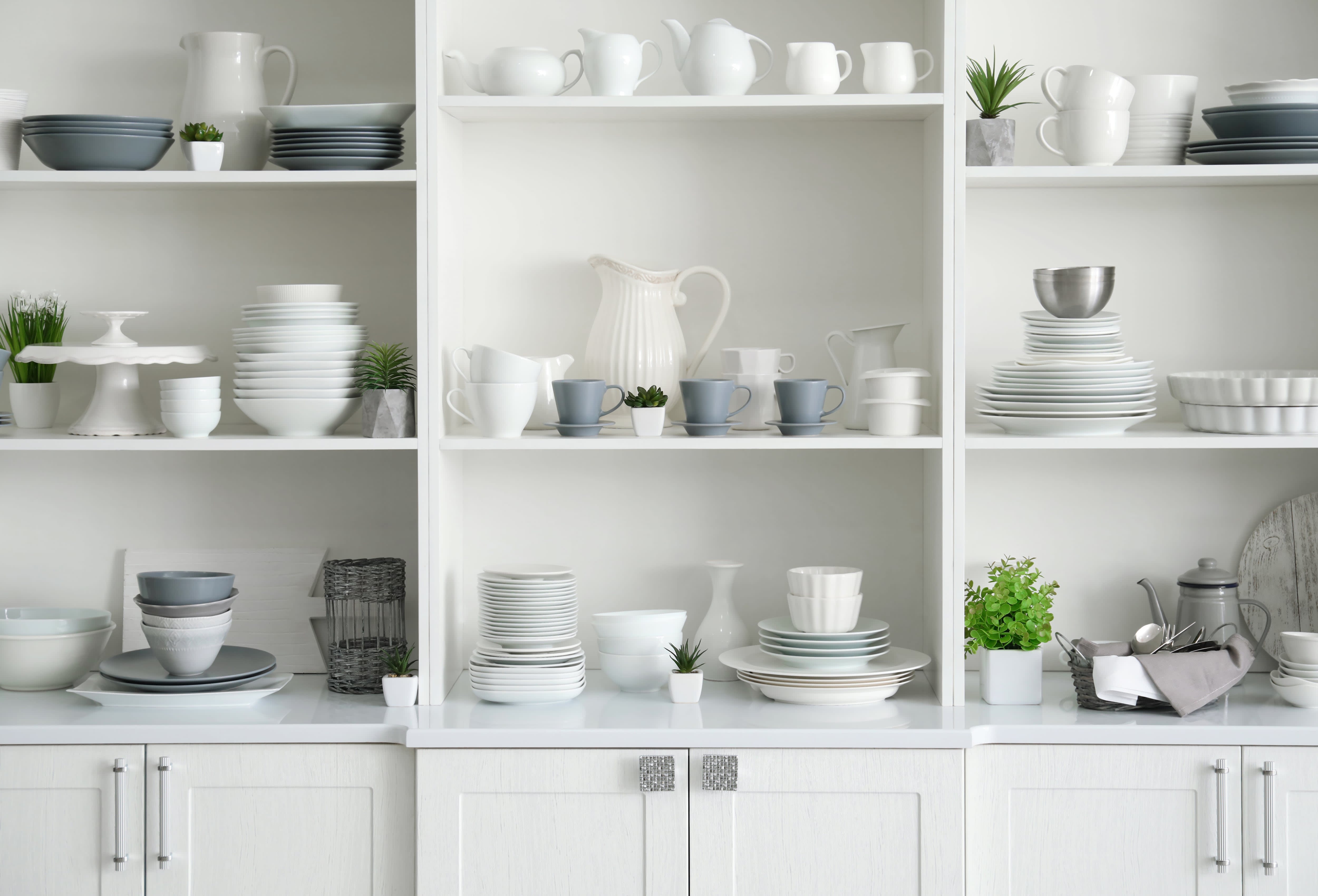 White kitchen storage solution with open shelving