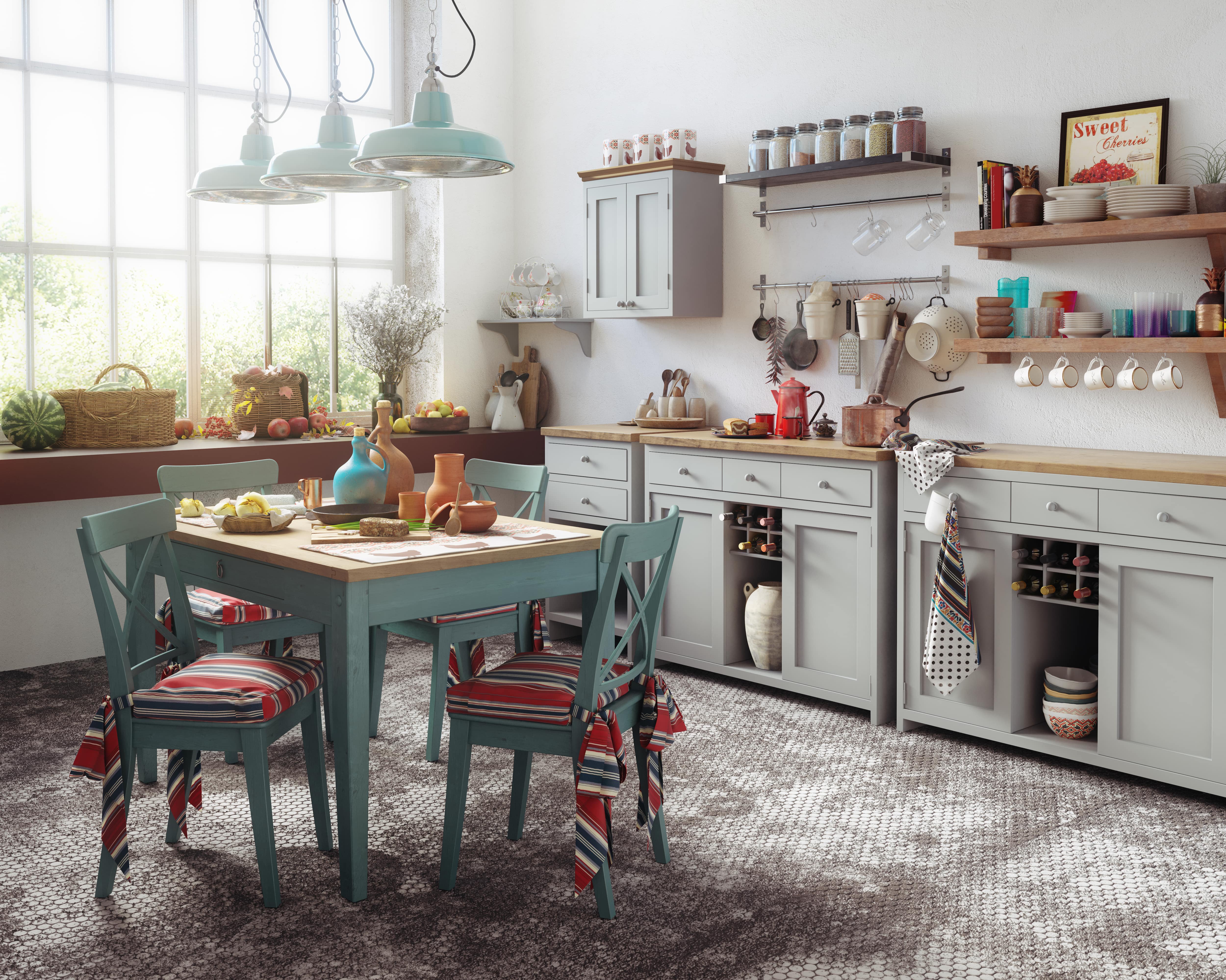 Large modern farmhouse kitchen with open shelving