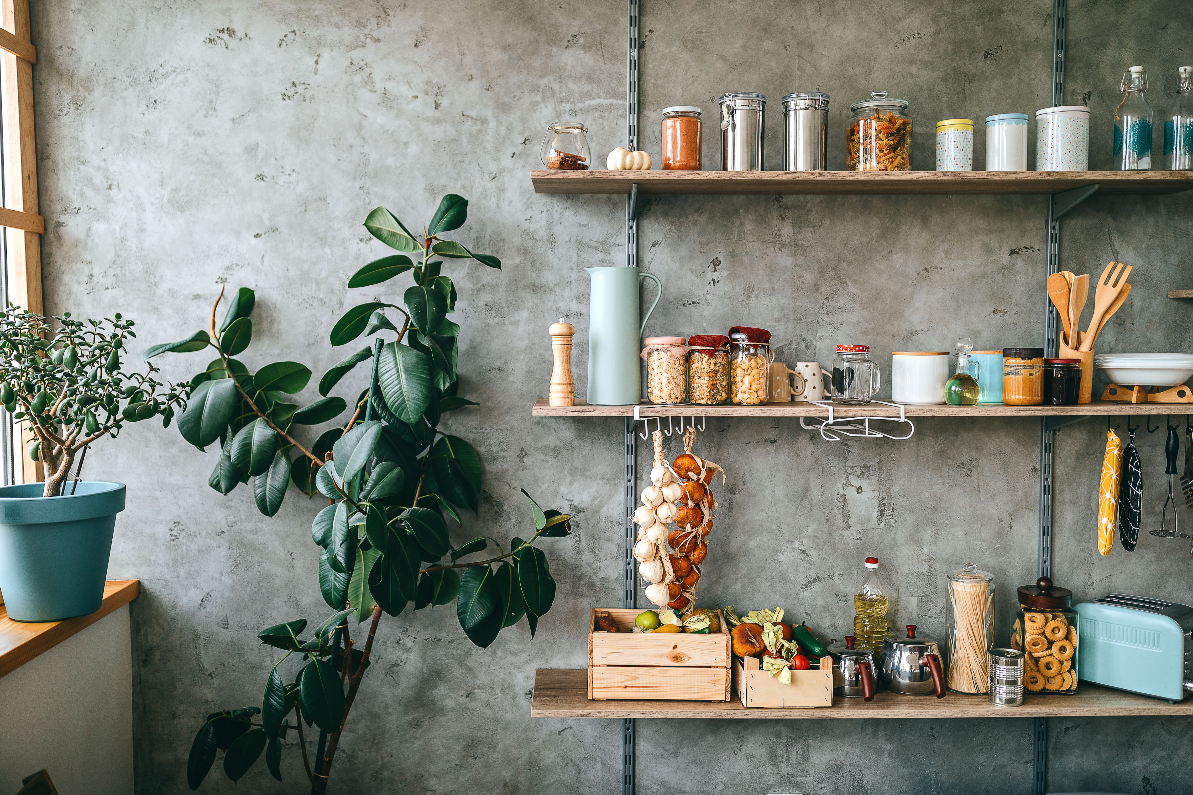 Large kitchen with wood open shelving