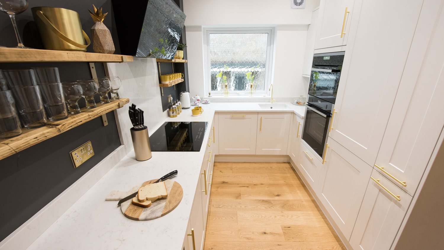 A quartz countertop in a modern kitchen