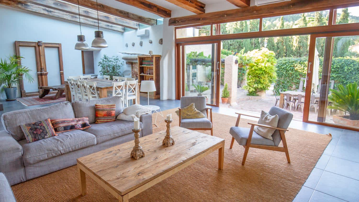 A bright clean living room with a courtyard view