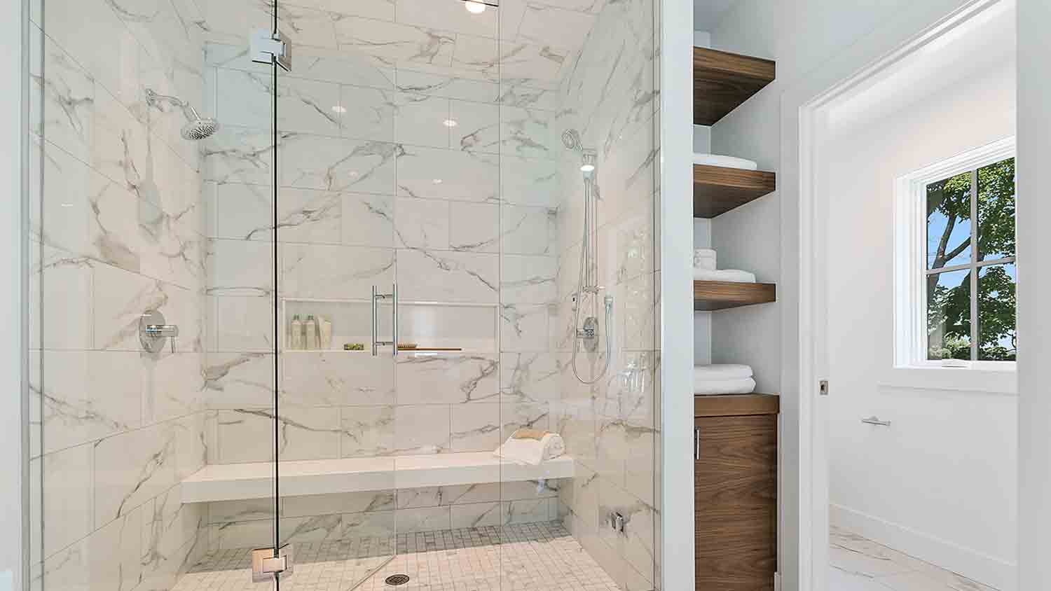 bench in marble shower