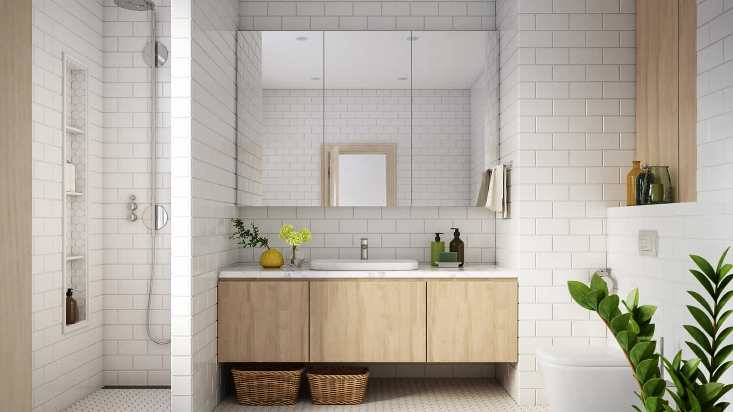 A shower with no door in a modern bathroom