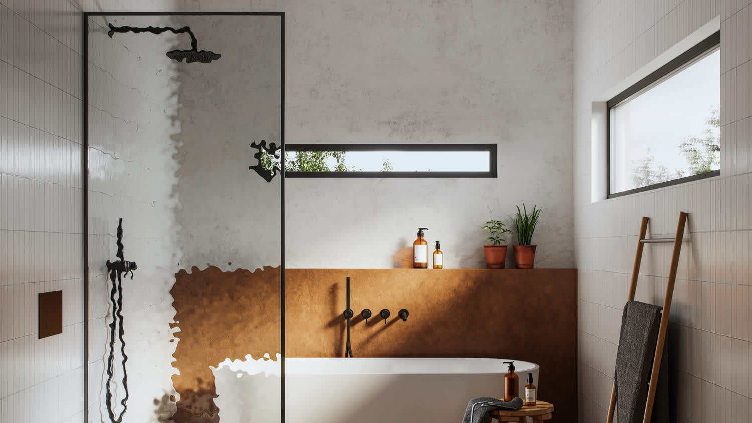 A modern bathroom having both a shower and a bathtub