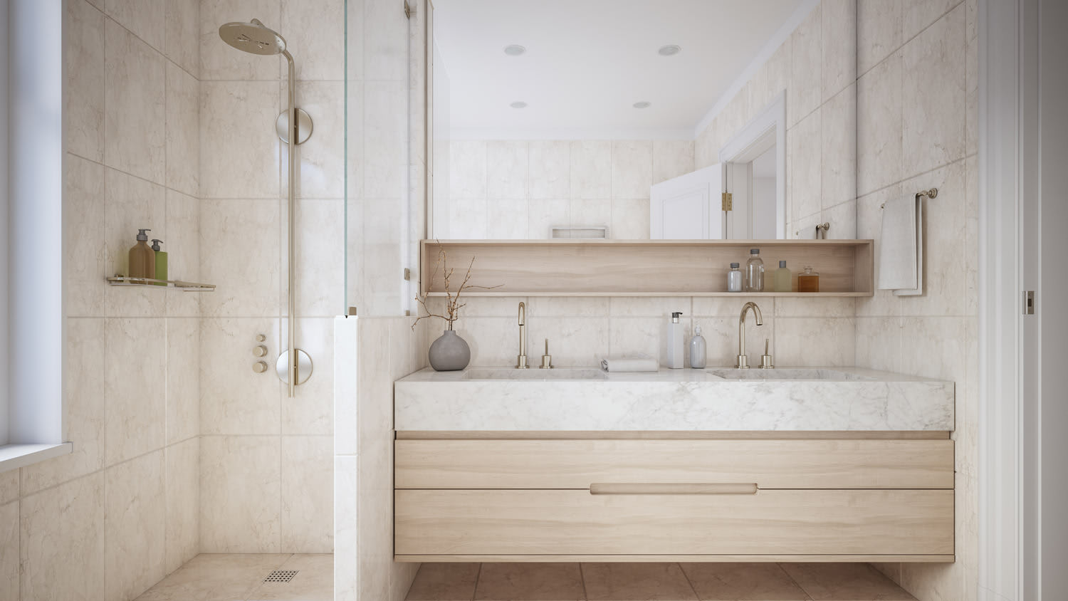 A beige colored modern bathroom