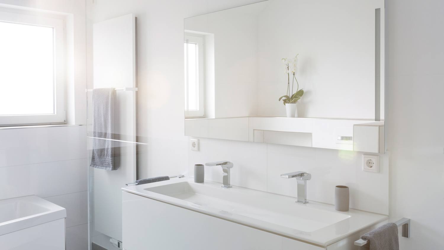 A renovated modern bathroom on a sunny day