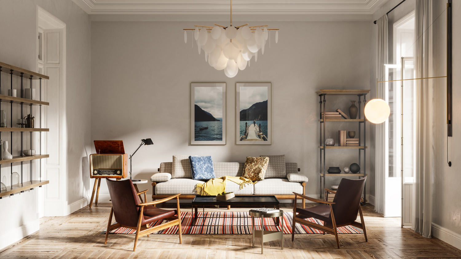 A sunlit living room with a beautiful chandelier