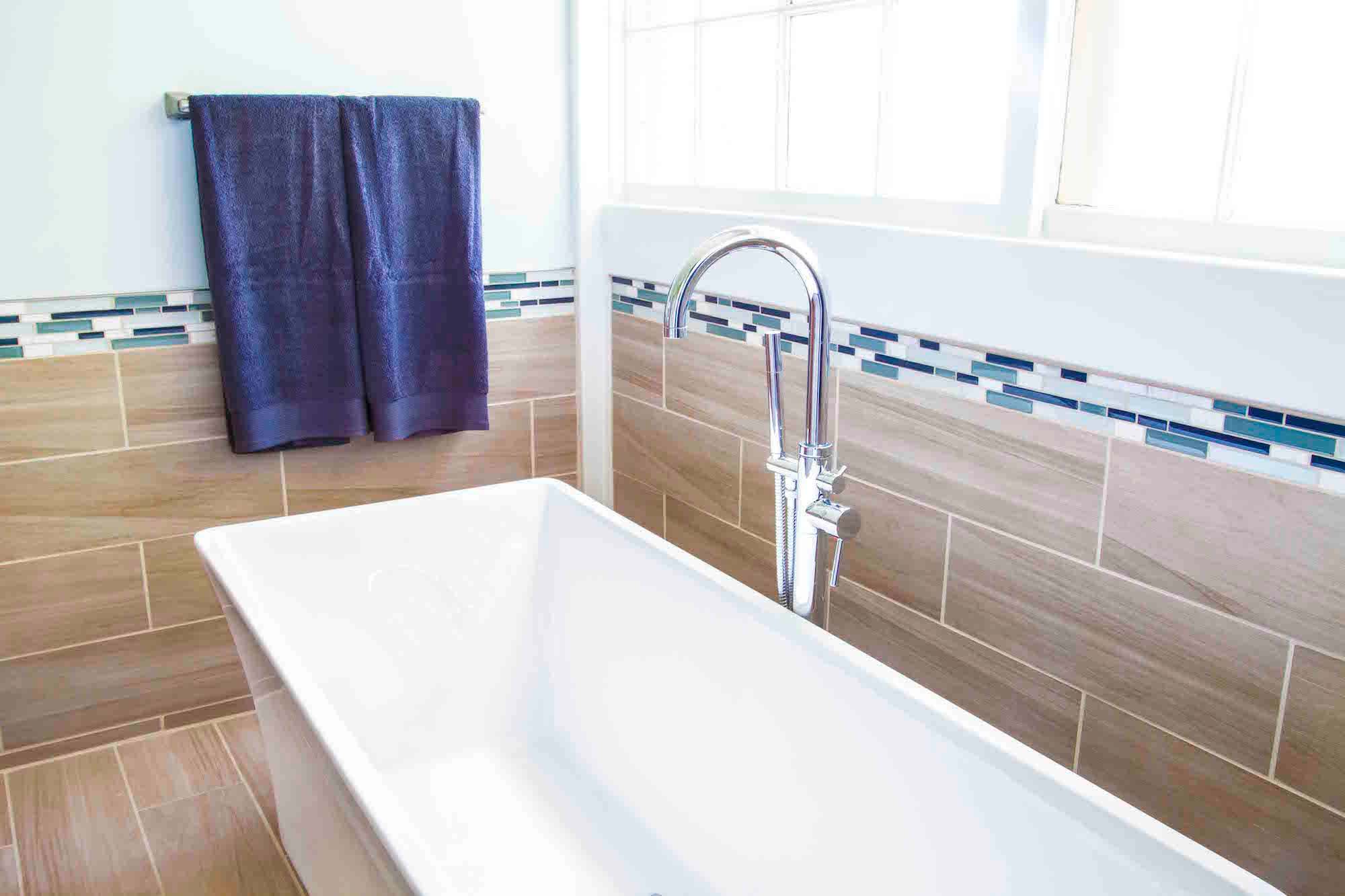 wood tile on bathroom walls