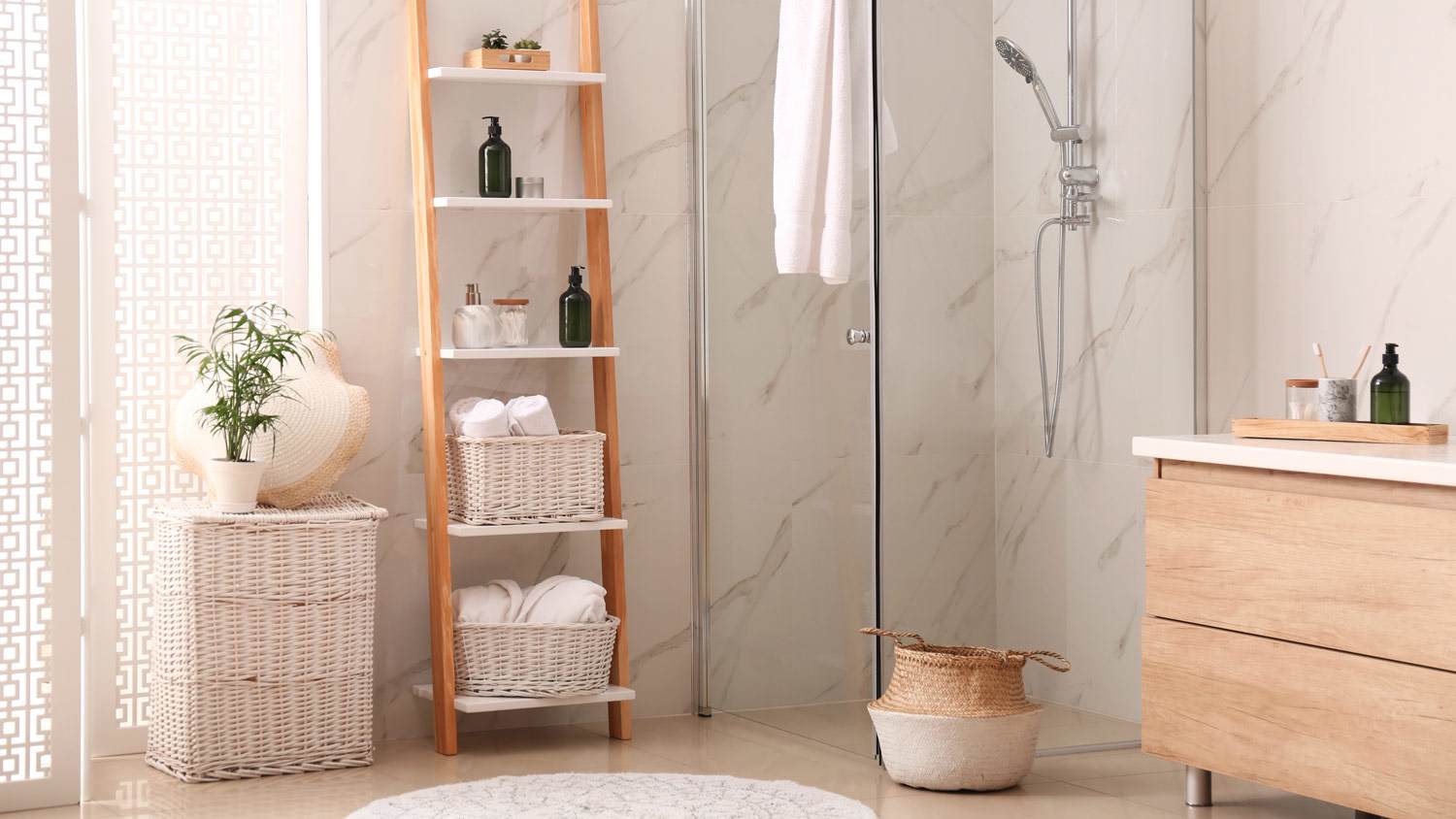 A modern bathroom with a shower stall and a decorative ladder