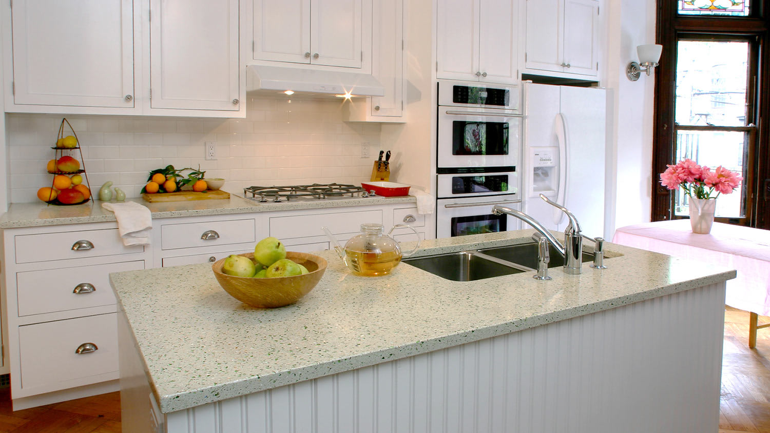 Kitchen with recycled glass countertops